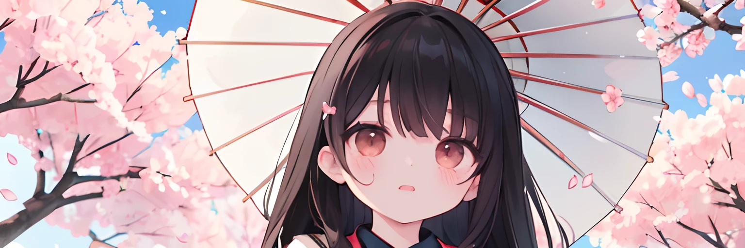 1 girl, high school student, accurately drawn face, high quality, beautiful eyes, sparkling eyes, eyes accurately drawn, clear color border, looking at camera, looking up from below, {head to stomach}, {eating with skewered dumplings}, {food accurately drawn}, {red Japanese umbrella behind}, {many cherry trees}, {long hair} {cherry blossoms petals in hair}, black hair, red eyes, slight highlights in eyes, warm cheeks, {uniform},