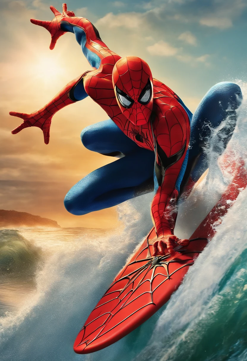 Masterpiece, Best quality, A high resolution, Spider-Man surfing on a surfboard