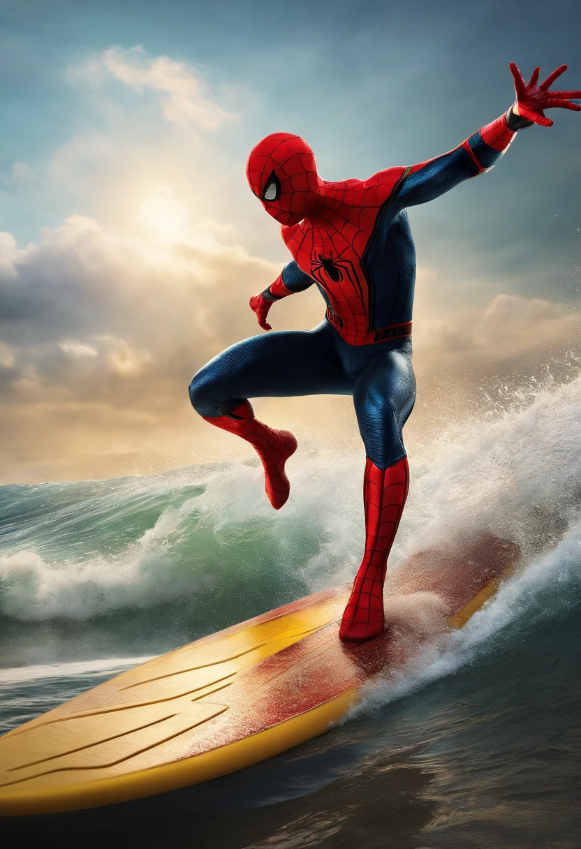 Masterpiece, Best quality, A high resolution, Spider-Man surfing on a surfboard