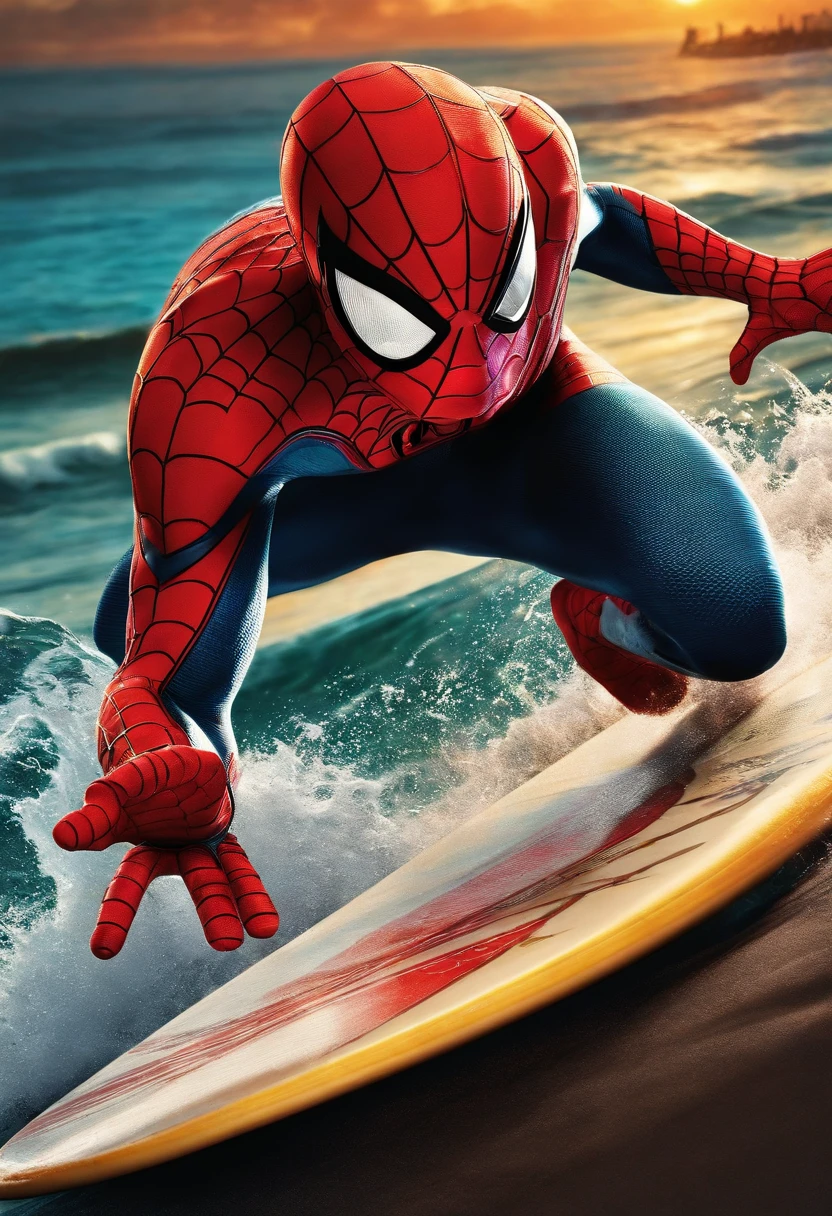 Masterpiece, Best quality, A high resolution, Spider-Man surfing on a surfboard