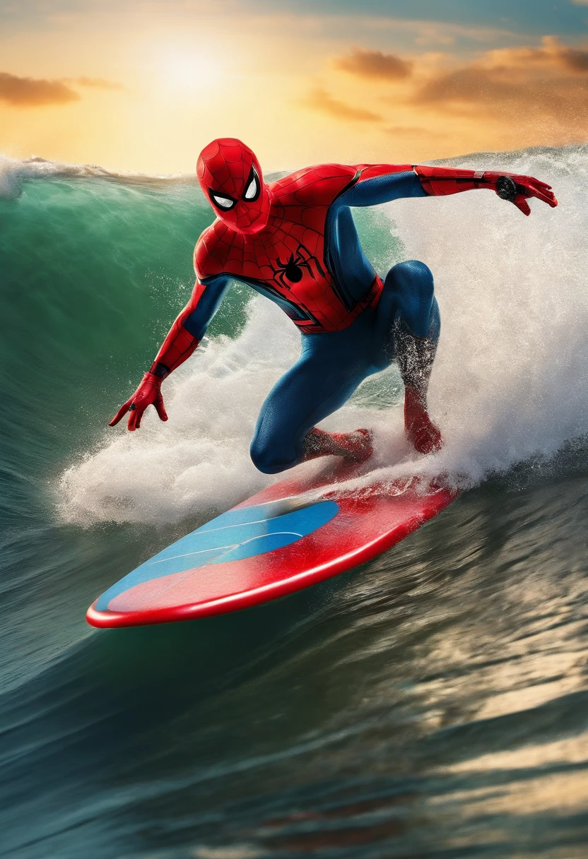 Masterpiece, Best quality, A high resolution, Spider-Man surfing on a surfboard