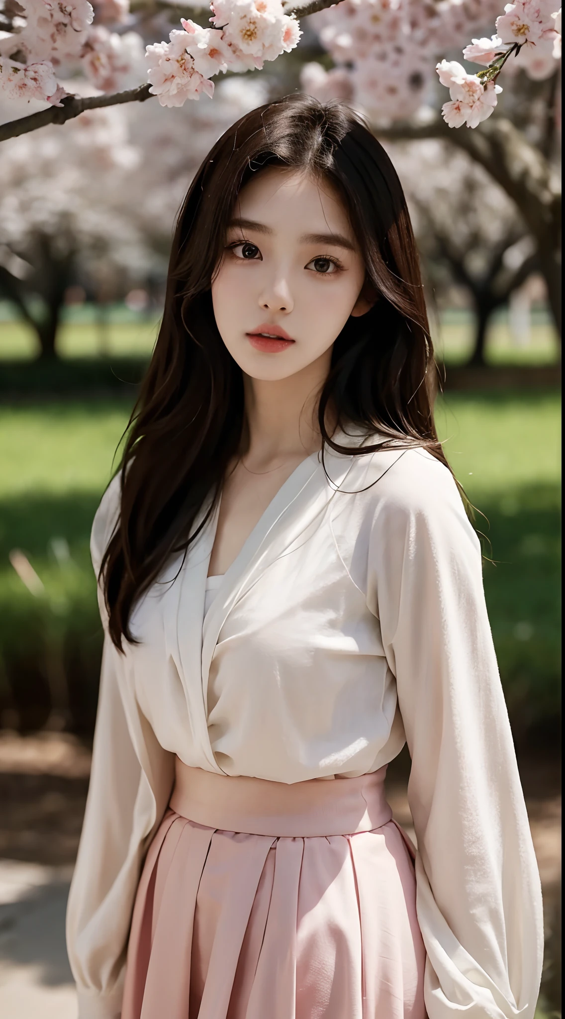 (Best quality, Masterpiece,16k), 1girll, Korean girl,18yr old,Absolutely beautiful, Amazing, In the park,Under the peach blossoms,Noble,perfect bodies, Perfect face shape,Charming eyes,Bright big eyes,二重まぶた,Long eyelashes,sensual lip,White skin,The gauze skirt flew up,Very real,goodlooking,Ethereal beauty