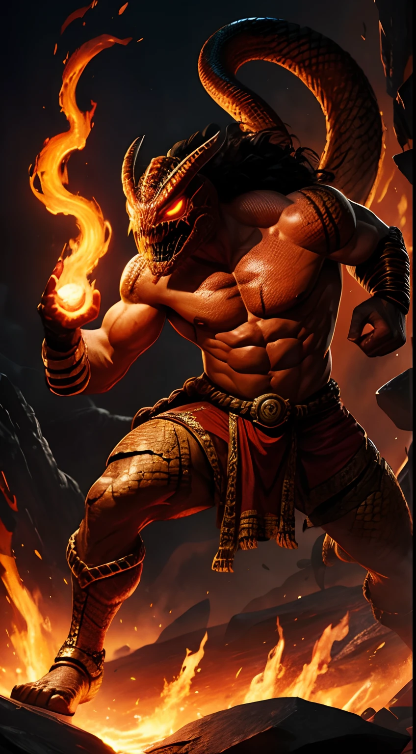 snake mask creature, barbarian style, full body, fighting, lava background, masterpiece, ultra high quality