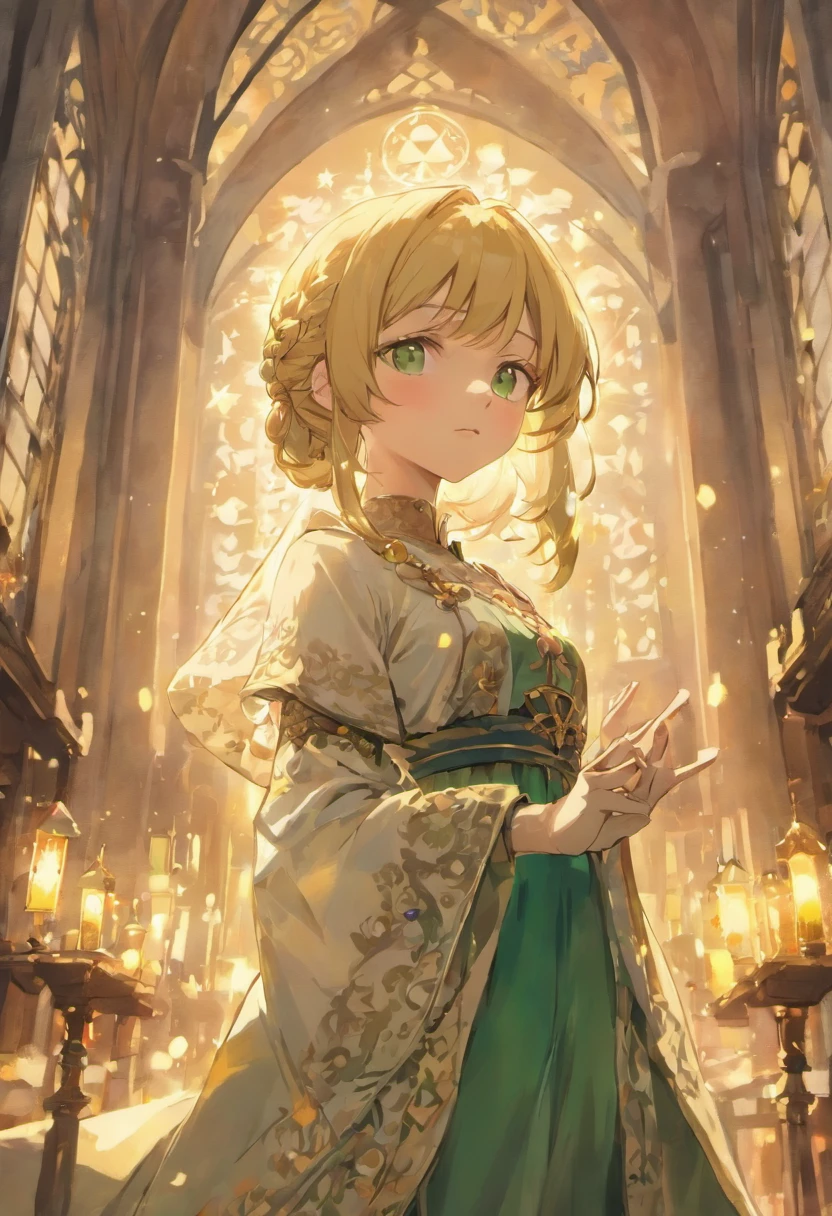 Bokeh, raw, dappled light on a woman in a attractive woman with small breasts, green eyes, collected blonde hair, wearing an intricate peasant dress in medieval times, buying fabrics in a medieval market, (background: medieval market with merchants and crowd in the background, medieval buildings), realistic, HQ face, HQ eyes, HQ hands, atmospheric, light flares, intricate details, enhanced lighting, dramatic overhead lighting, cute, shallow depth of field, intricate details, god rays