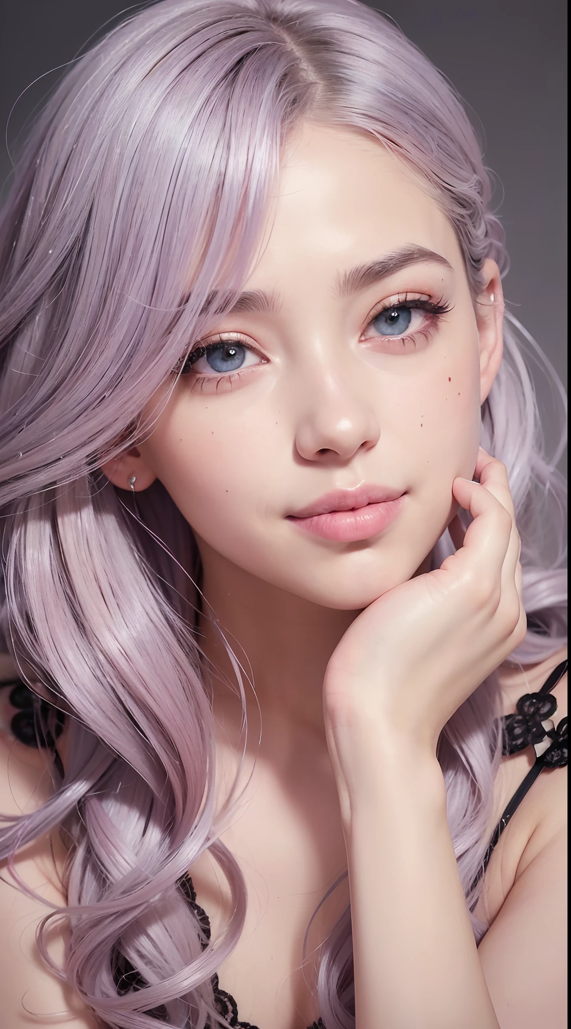 (A high resolution,Ultra-detailed,Photorealistic:1.2),Vivid colors,Portrait,muted pastels,Sparkling highlights,Curly silver-pink hair,Delicate hair,Large volume,(Strong black eyes,Reflective pupils,Long eyelashes,Red eyebrows),full pouty lips,Has an irresistible luster,smiling expression,(Place 1 to 4 fingers on the corners of your mouth)