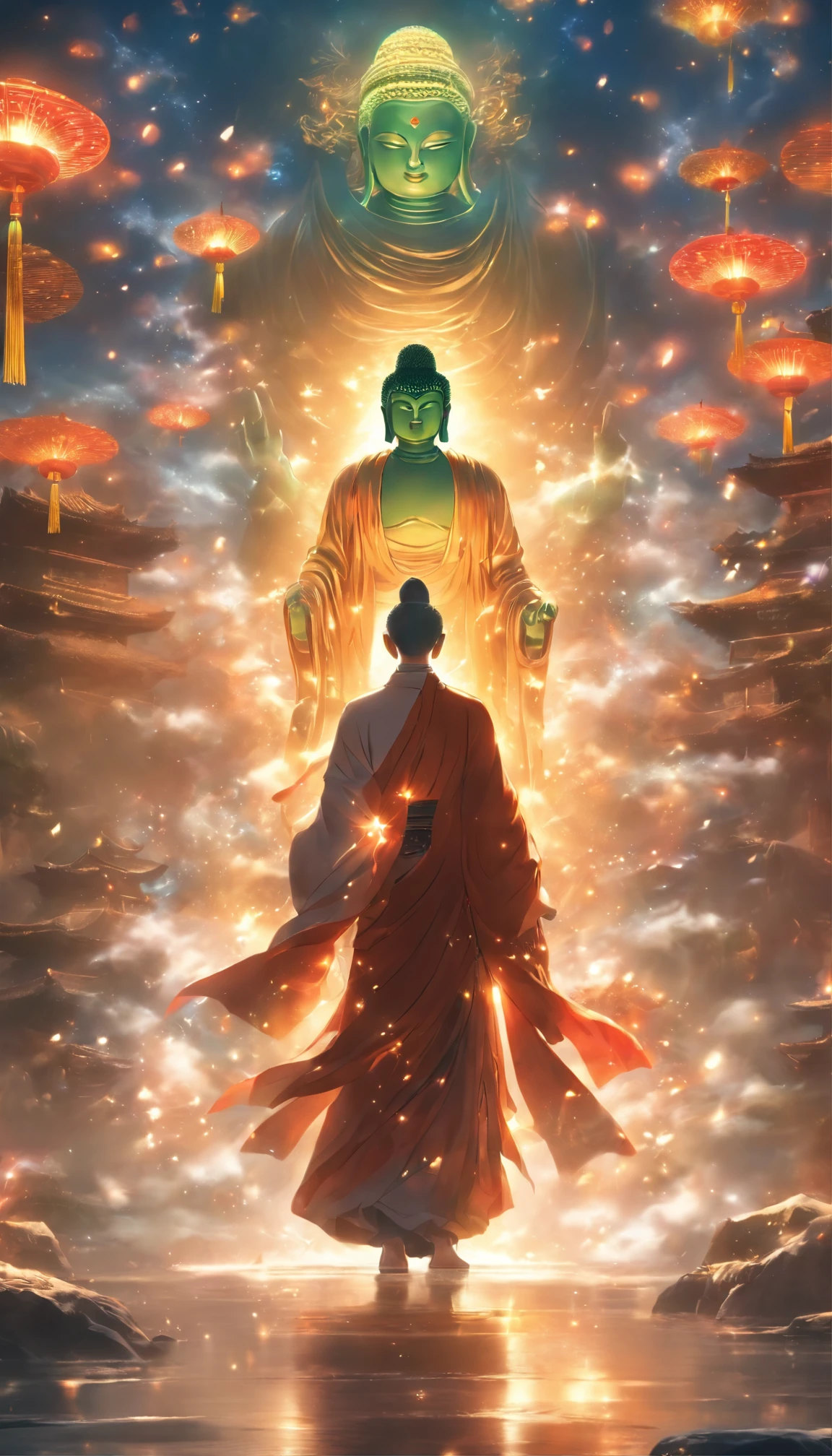 China-style,In the distance, A huge tall Buddha statue stands in space,Gaze at the earth,Standing Buddha statue,with light glowing,Glow effects,A pilgrim walking on the road faces the Buddha statue,Hyper-realistic,Ultra photo realsisim,Real Photographics,8K,High definition,high qulity,Works of masters,super-fine,(Chinese color ink painting style),(((white colors))),Smudge,ink,(Movie lighting),(light and shadow effect),(Unreal 5),(8K分辨率),(masterpiece),super-fine,high qulity,rendering by octane,glitter effects,(((OC renderer)))
