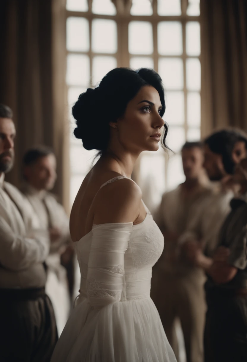 A women with black hair and white dress , tied up hair, surrounded by multiple men