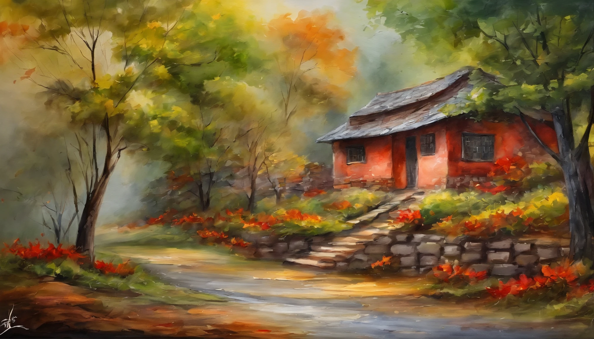 Old residential area，Red brick building，Big banyan tree，Clean the pavement，Fallen leaves，夏天，in the early morning，Light red tones，super-fine，Carefully portrayed，high qulity，8K，