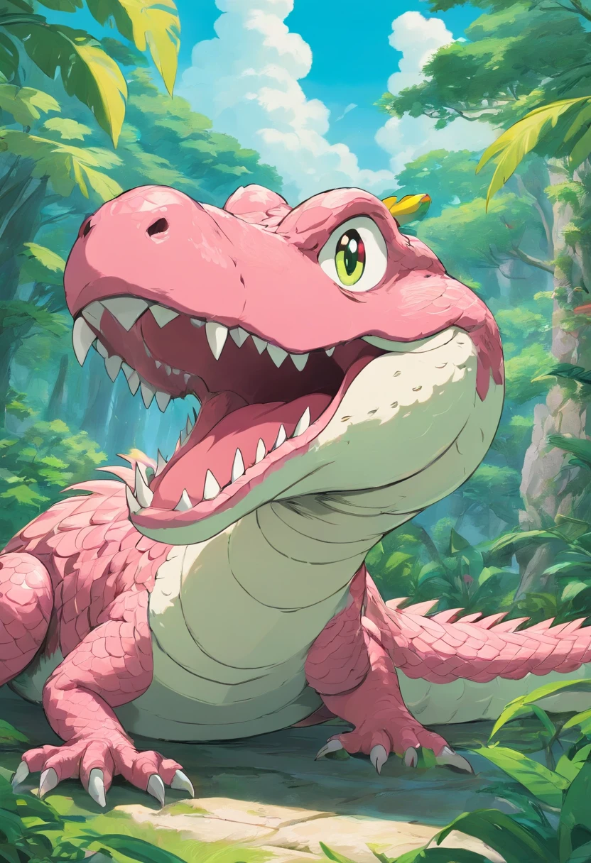 Half snake, half chicken monster, half alligator, long tail, chicken beak, tooster head, pink wings, alligator legs, serpentine body