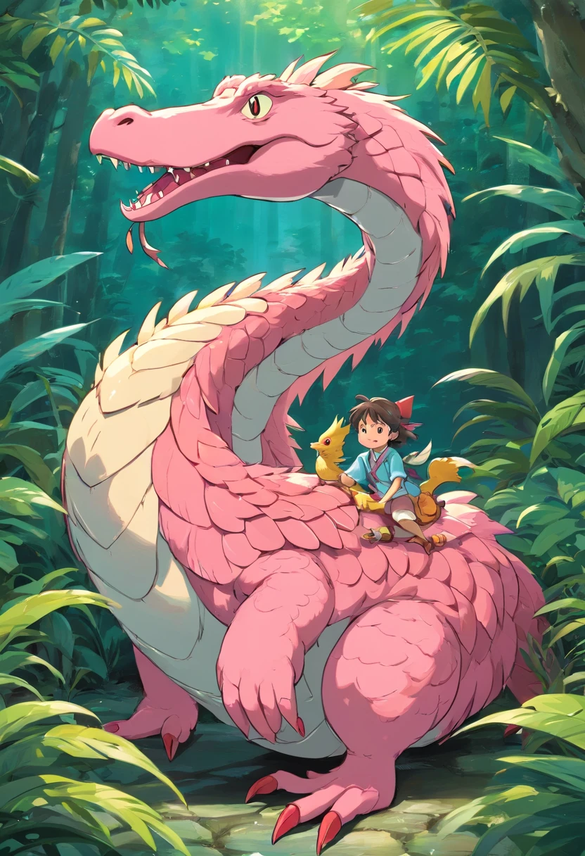 Half snake, half chicken monster, half alligator, long tail, chicken beak, tooster head, pink wings, alligator legs, serpentine body