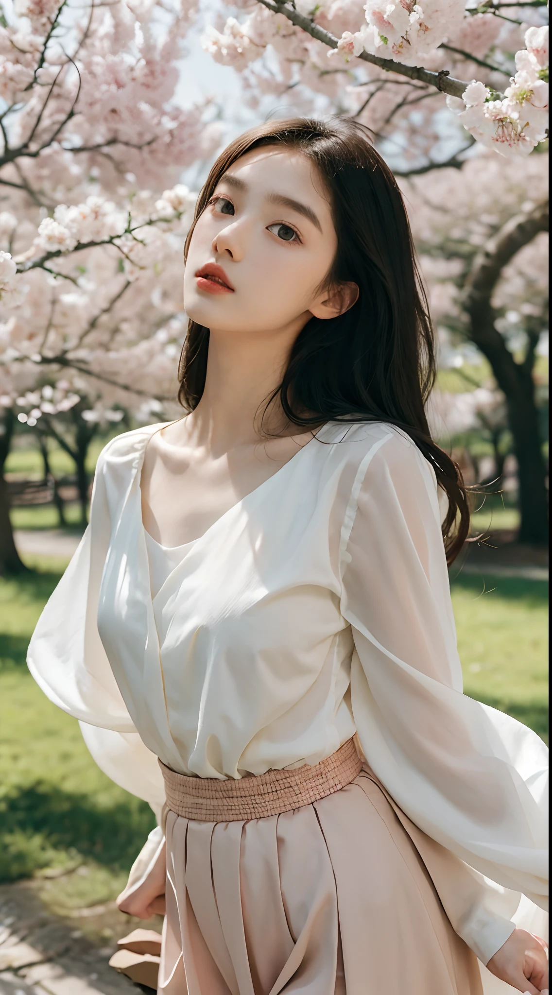 (Best quality, Masterpiece，16k), 1girll, Korean girl，18yr old，Absolutely beautiful, Amazing, In the park，Under the peach blossoms，Noble,perfect bodies, Perfect face shape，Charming eyes，Bright big eyes，二重まぶた，Long eyelashes，sensual lip，White skin，The gauze skirt flew up，Very real，goodlooking，Ethereal beauty