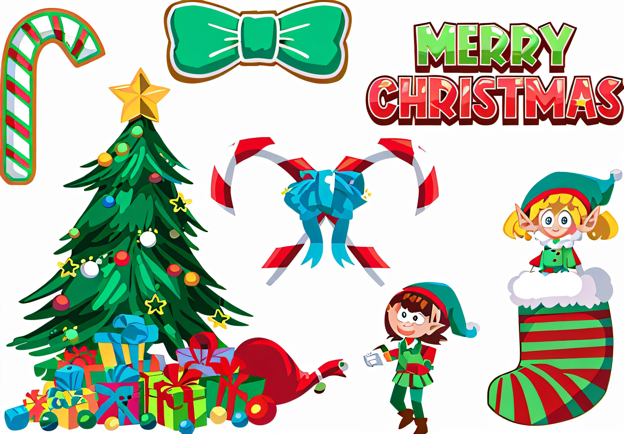 Set of Christmas items and Christmas tree illustration, Cartoon illustration, Elves, Merry, Gifts, Christmas, clip art, Vector illustration, very coherent image, adolable, cartoonish vector style, best on adobe stock, festivity, Cartoon style illustration, Created in Adobe Illustrator, Holiday, made with illustrator, elf, rendering, 🤬 🤮 💕 🎀, wide screenshot