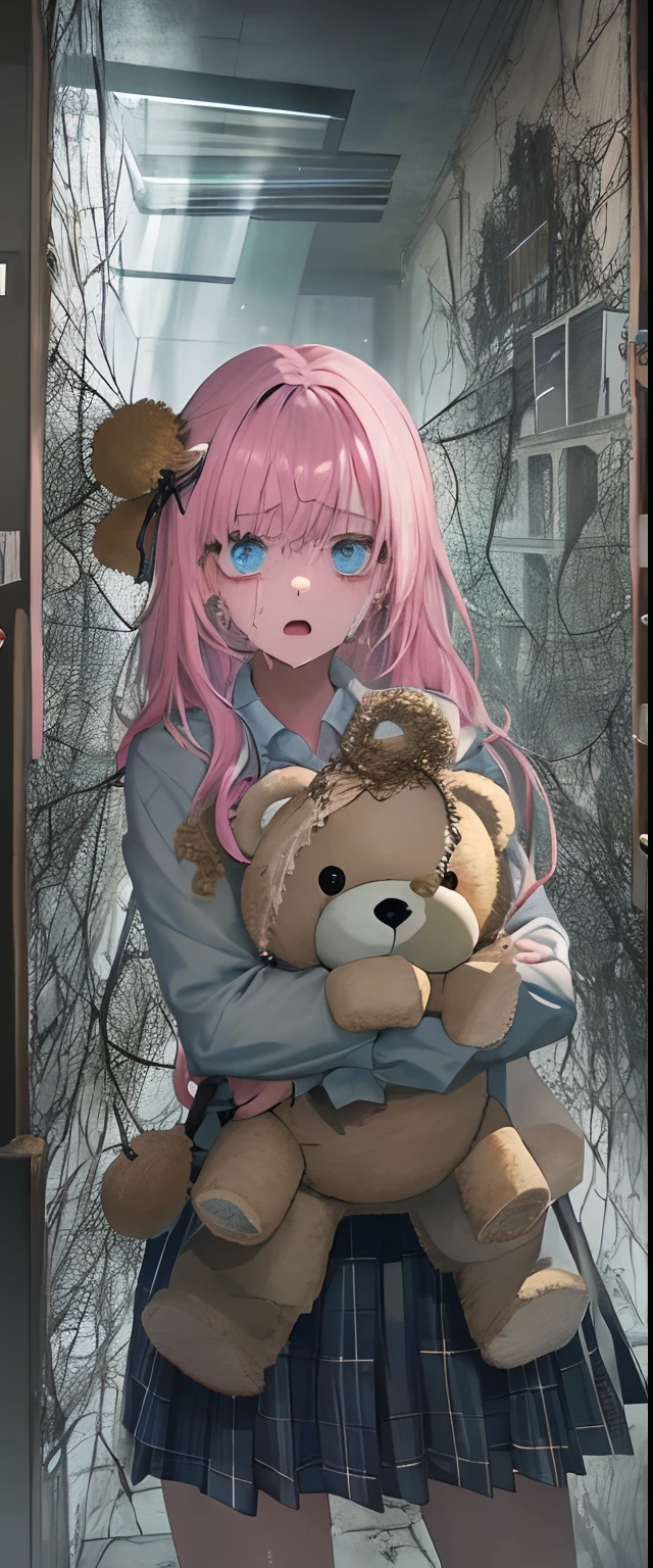 1girll, Pink hair, Blue eyes, (cowboy_Shot:1.2), Face focus, Long hair, side locks,Shed tears，Extreme panic， Scared,(terrified:1.1) expression, holding teddy bear, Atmospheric lighting, Moody, Darkness, In an abandoned old museum, Clear glass display case full of interesting items, Dusty, Post-apocalypse, spiderwebs, masterful, Beautiful 8k wallpaper, Extremely detailed, Intricate