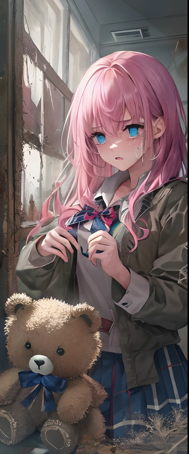 1girll, Pink hair, Blue eyes, (cowboy_Shot:1.2), Face focus, Long hair, side locks,Collapsed crying,Extreme panic, Scared,(terrified:1.1) expression, holding teddy bear, Atmospheric lighting, Moody, Darkness, In an abandoned old museum, Clear glass display case full of interesting items, Dusty, Post-apocalypse, spiderwebs, masterful, Beautiful 8k wallpaper, Extremely detailed, Intricate,Wear a student uniform