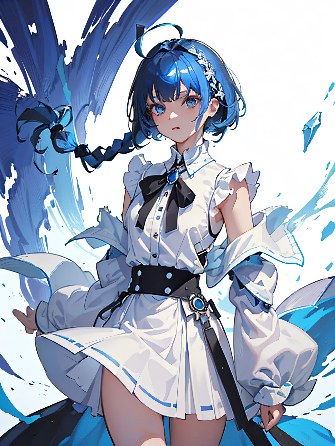 ((masterpiece, best quality)), (1girl), (solo), (female focus), (ahoge, topaz blue hair (1.2) , short braid hair), blue eyes, ((white shirt), (buttoned shirt)), ((black skirt), (short skirt)), standing, white background, arms behind back,