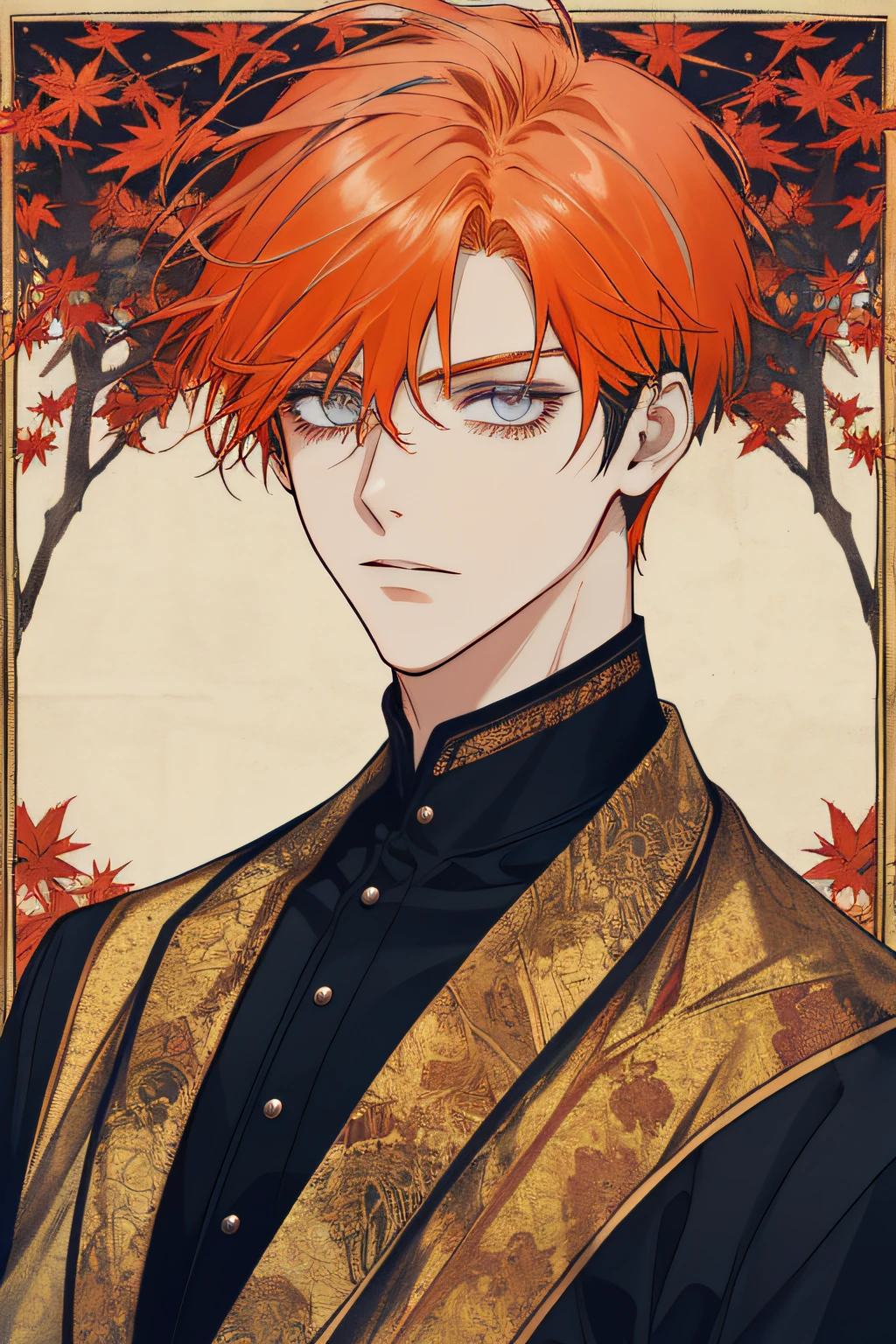 {{{{{1boy}}}}}, {{{{{masterpiece}}}}}, {{{beautiful male}}}, man, slender, {best quality}, {highres}, {{beautiful detailed face}}, {{beautiful detailed eyes}}, P//tapestry, autumn scenery?, {{{{{{biopunk}}}}}}, harajuku fashion, wide angle, ink, ,{{{{{{ orange and white hair}}}}}}, NP//without, {{short hair}}, multicolored hair