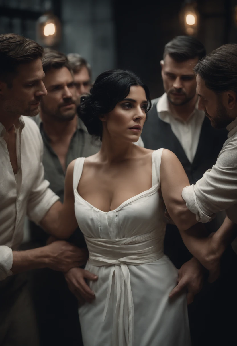 A women with black hair and white dress , tied up hair, surrounded by multiple men touching her