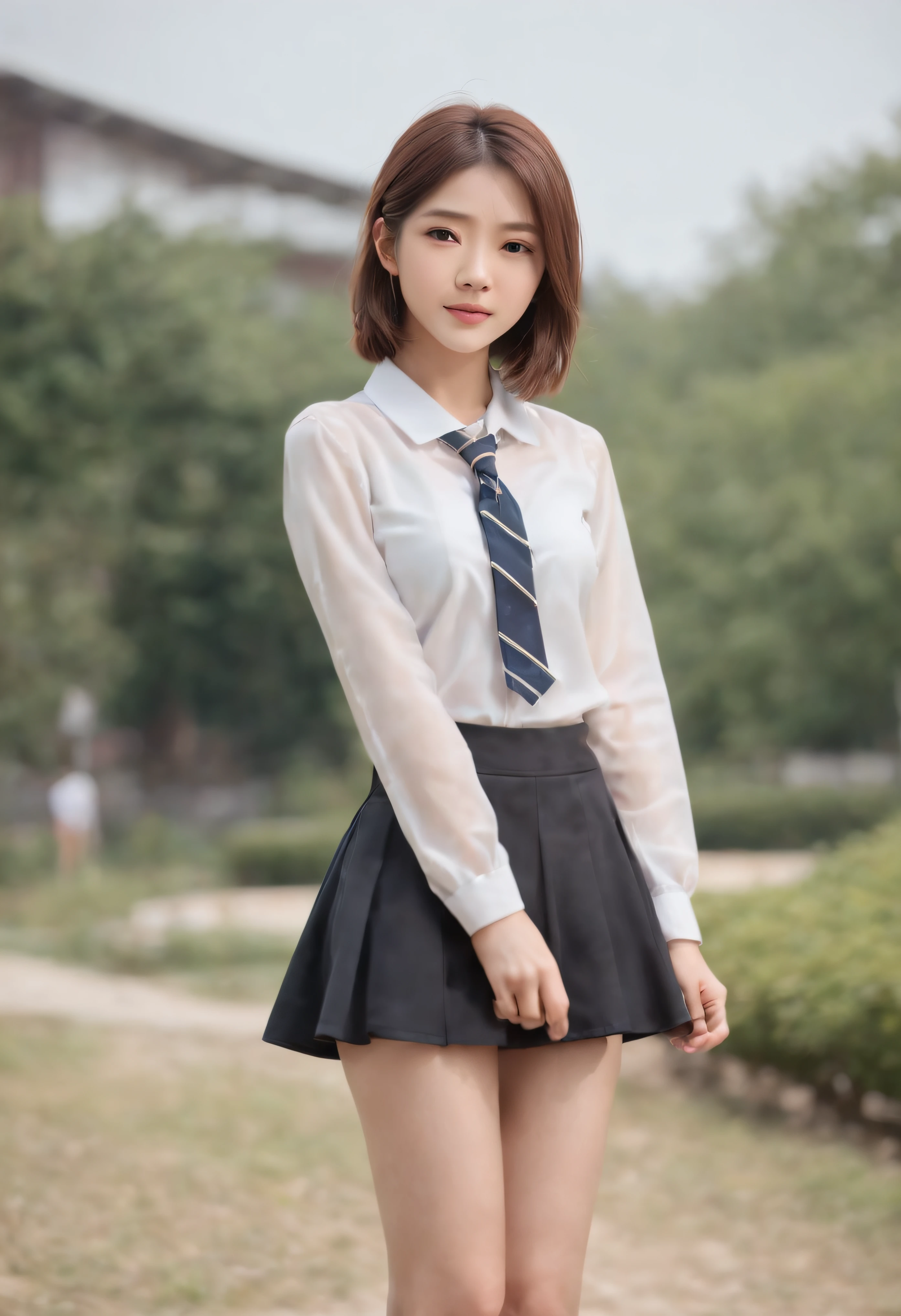 18 years old, Japan Female, Long hair, Raw photo, Bokeh (Realism: 1.4, Realistic), high-definition CG unified 8K wallpapers, 1girl in, ((Slim body: 1)), (Small breasts: 1), Back to viewers, ((Direct view from the front)), (HQ Skin: 1.4), 8K UHD, Digital SLR, Soft light, High quality, Film grain, 富士XT3, ((School uniform, Short skirt,See-through open skirt:1.5)), ((plein air, on the park))) I am holding my skirt up in the wind with my hand., Portrait,((Layered short haircuts, Black Hire,tiny chest:1.2)),(Looking at Viewer:1.4),(Full body:1.8)