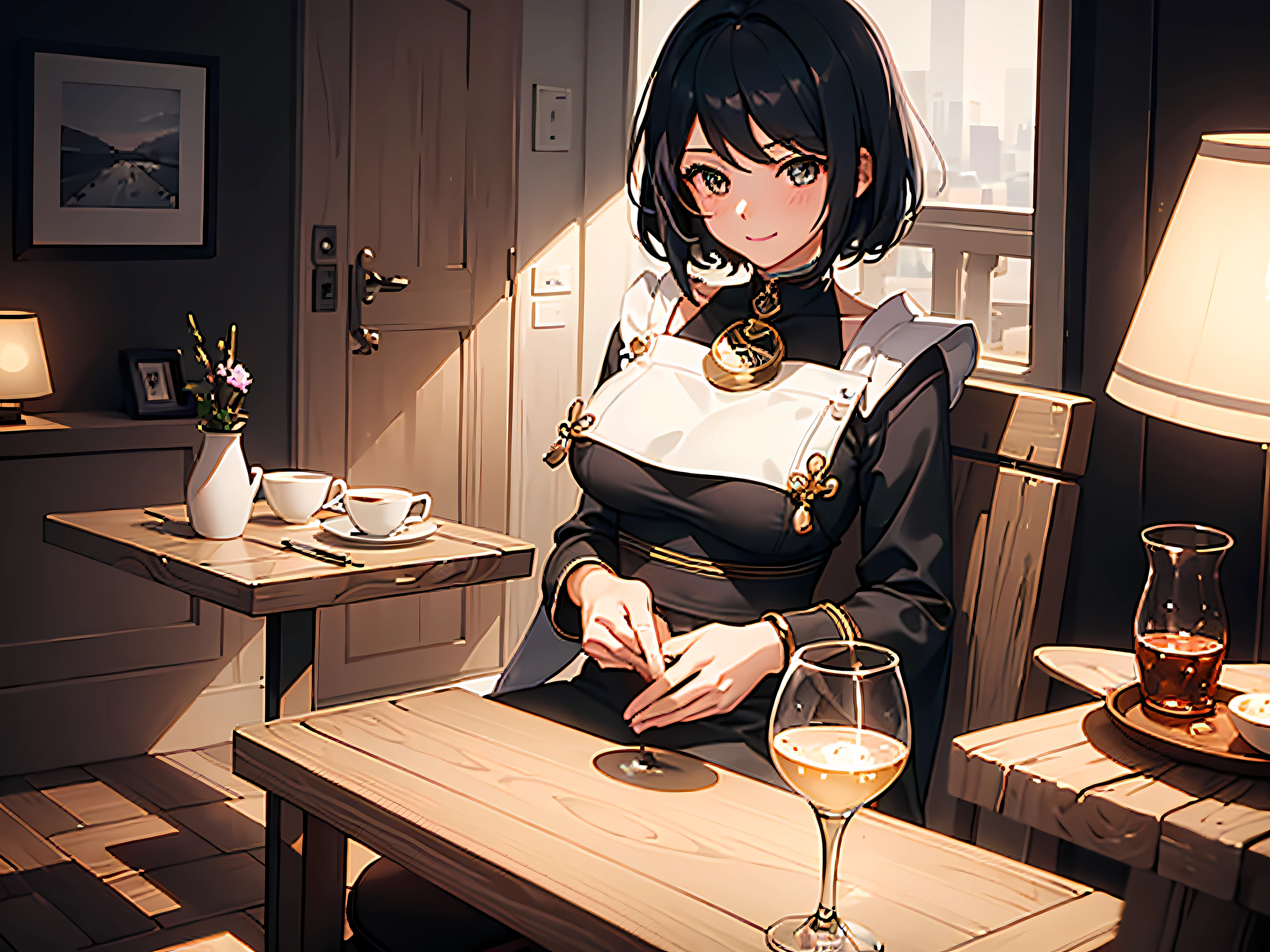 1 girl, shy, smiling, blushing, looking directly at the viewer, with a cute face and adorable eyes, sitting in front of viewer, sitting in a cozy cafe. The background is filled with the warm ambiance of a cafe, with soft lighting and a simple decor. The girl is leaning slightly over the table, adding an intimate feel to the scene. The overall image quality is of the highest standard, with a resolution of 8k and flawless attention to detail. The colors are vibrant and vivid, enhancing the overall aesthetic of the artwork. The lighting is carefully crafted to highlight the girl's features and create a visually pleasing atmosphere.