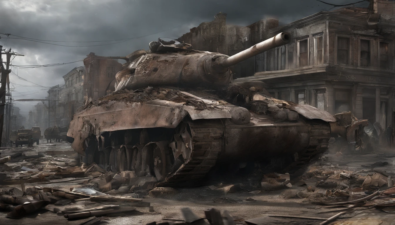 On the devastated streets,The wreckage is strewn across the land,blood-stained,It's like a brutal legacy of the battlefield。Under a dark cloudy sky,Lightning,This exacerbates the terrible atmosphere of this apocalypse。