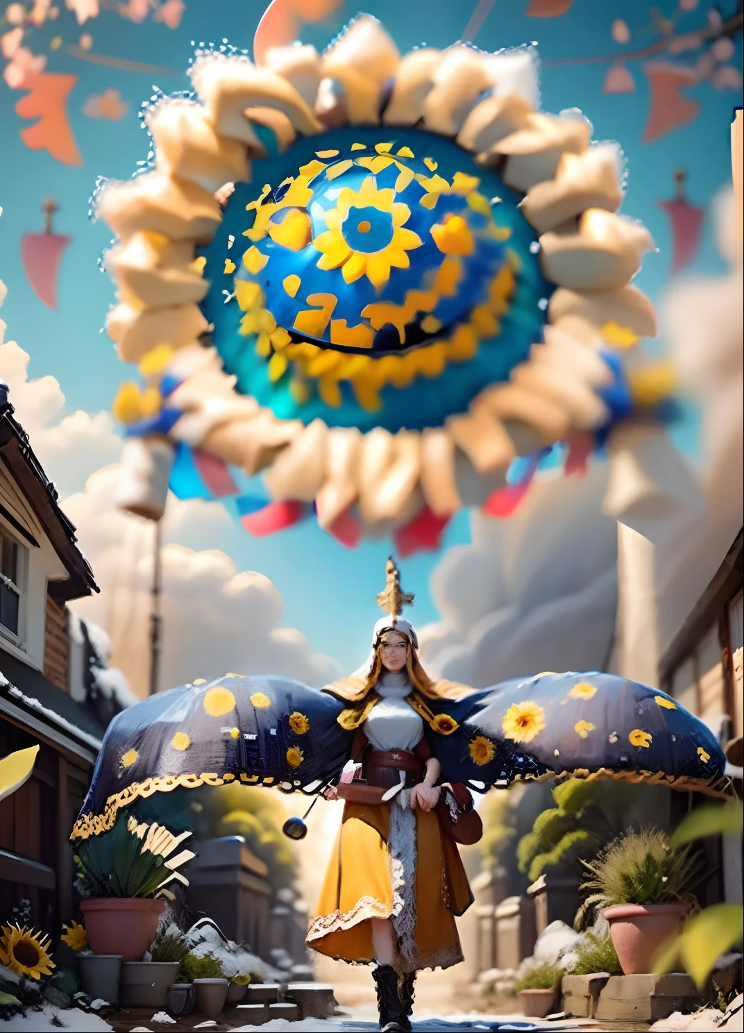 In a very grand scene,The extra-large wide-angle lens captures the appearance of a female centaur。She is a Sunflower Worship nun,Always opposed(Healing emoji smiley face of knitted sunflower puppet😊:99.99)DOA。She is tall,It has the ultimate curvy beauty,The muscles are slender and firm,Beautiful lines。She has(Super huge sky blue eyes:99.99)、always(Wearing sexy glasses:6.66)、(She wears solemn nun attire:9.9)、Stepping on a boot-style skyscraper-heel、A pink cross hangs on his chest。Use Midjourney's advanced tools,Designed for female centaurs(A knitted sunflower puppet and create a super healing cartoon smiley face in the center of the flower tray as a decoration:9.9),and noble and solemn nun costumes,and highlight her unique physiological characteristics and appearance details,Add realism。And in the context of her prayers and listening to confessions,Spectacular views of nature,Such as the sky where storms and sunny days alternate、Brilliant rivers of stars and auroras、The snow-capped summit of Mount Everest、Fireworks in the mountain town, etc。ao mesmo tempo,Away from the hustle and bustle next to the chapel,Create a fantastic scene。Use Midjourney's advanced tools and multiple color palettes、Brush Strokes、Texture tools and model packages,It shows a sense of atmosphere where beauty and charm coexist。The charm of the female centaur is highlighted through color and lines,Enhance realism with detailing,Create a surreal dreamy feeling。Additionally,Use Midjourney's tools to add various exorcism props and books to the female centaur、pergaminhos,Create intricate hairstyles and outfits,Give her a sense of premium。She never flinches,No matter what monster you encounter,can respond quickly,Even the most extreme armies of natural disasters and monsters could not stop her and her front(Sunflower with Tyndall effect that emits sunlight9.99)。Use Midjourney's powerful tools,You can do it with incredible detail and beauty,Bring this ultra-grand and beautiful scene to life。Ultra-grand sc