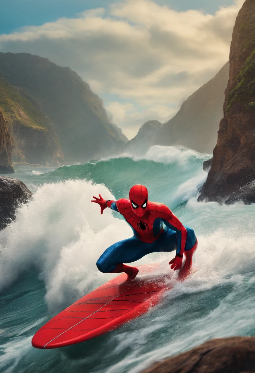 Spider-Man surfing on a surfboard