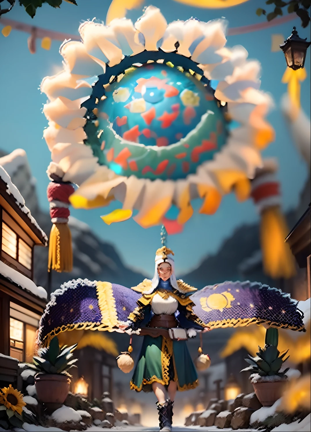 In a very grand scene,The extra-large wide-angle lens captures the appearance of a female centaur。She is a Sunflower Worship nun,Always opposed(Healing emoji smiley face of knitted sunflower puppet😊:99.99)DOA。She is tall,It has the ultimate curvy beauty,The muscles are slender and firm,Beautiful lines。She has(Super huge sky blue eyes:99.99)、always(Wearing sexy glasses:6.66)、(She wears solemn nun attire:9.9)、Stepping on a boot-style skyscraper-heel、A pink cross hangs on his chest。Use Midjourney's advanced tools,Designed for female centaurs(A knitted sunflower puppet and create a super healing cartoon smiley face in the center of the flower tray as a decoration:9.9),and noble and solemn nun costumes,and highlight her unique physiological characteristics and appearance details,Add realism。And in the context of her prayers and listening to confessions,Spectacular views of nature,Such as the sky where storms and sunny days alternate、Brilliant rivers of stars and auroras、The snow-capped summit of Mount Everest、Fireworks in the mountain town, etc。ao mesmo tempo,Away from the hustle and bustle next to the chapel,Create a fantastic scene。Use Midjourney's advanced tools and multiple color palettes、Brush Strokes、Texture tools and model packages,It shows a sense of atmosphere where beauty and charm coexist。The charm of the female centaur is highlighted through color and lines,Enhance realism with detailing,Create a surreal dreamy feeling。Additionally,Use Midjourney's tools to add various exorcism props and books to the female centaur、pergaminhos,Create intricate hairstyles and outfits,Give her a sense of premium。She never flinches,No matter what monster you encounter,can respond quickly,Even the most extreme armies of natural disasters and monsters could not stop her and her front(Sunflower with Tyndall effect that emits sunlight9.99)。Use Midjourney's powerful tools,You can do it with incredible detail and beauty,Bring this ultra-grand and beautiful scene to life。Ultra-grand sc