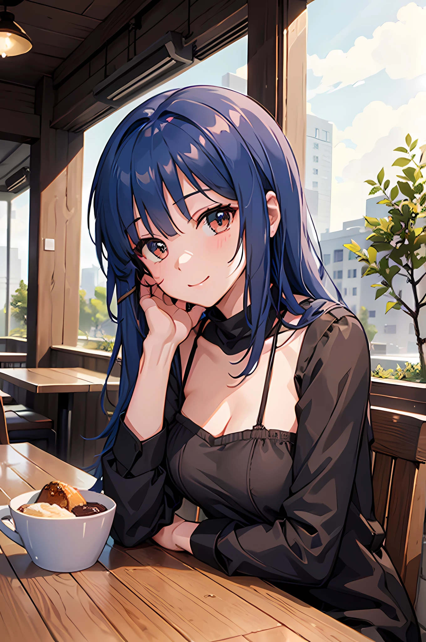 girl, shy, smiling, blushing, looking directly at the viewer, with a cute face and adorable eyes, sitting in front of viewer, sitting in a cozy cafe. The background is filled with the warm ambiance of a cafe, with soft lighting and a simple decor. The girl is leaning slightly over the table, adding an intimate feel to the scene. The overall image quality is of the highest standard, with a resolution of 8k and flawless attention to detail. The colors are vibrant and vivid, enhancing the overall aesthetic of the artwork. The lighting is carefully crafted to highlight the girl's features and create a visually pleasing atmosphere.