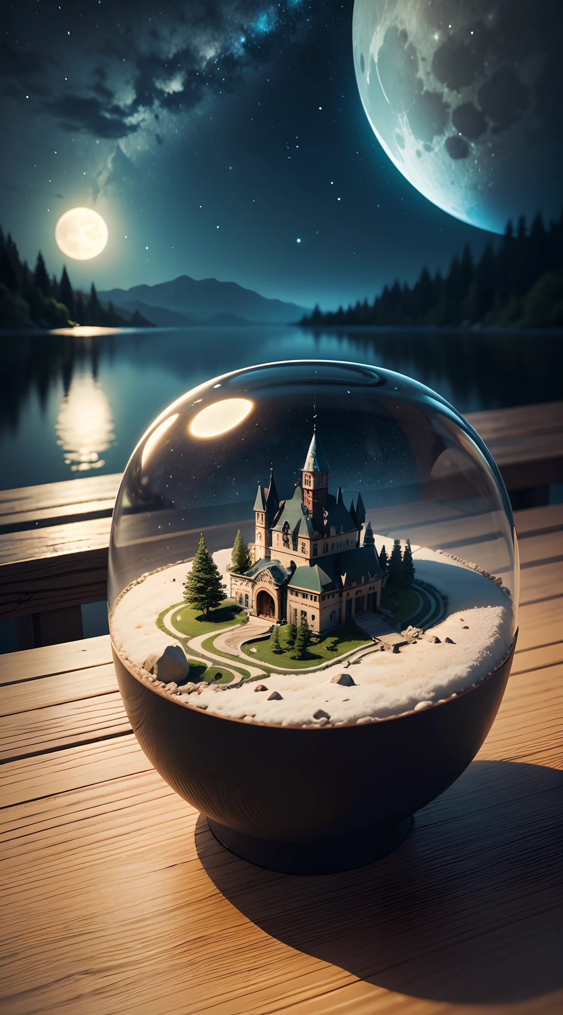 a colossal bottle which contained a majectic lake ,  very high quality and Very detailed scene , Octane render, Starry Sky , Dreams , Giant green Moon , Vaut of heaven , Inspiration, Imagination
