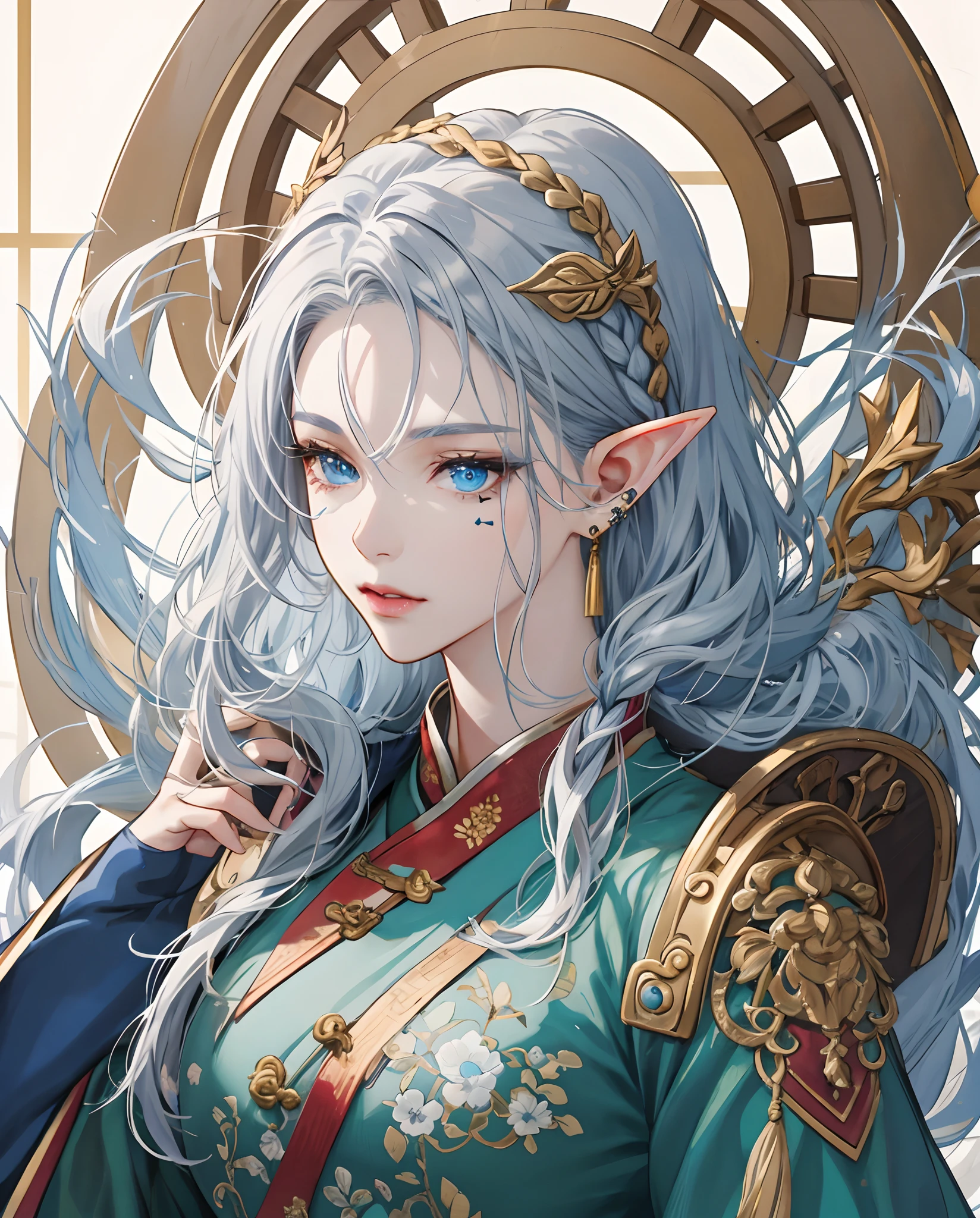 An Elf, blue eyes, ear pearcing blue type silver hair that reaches her shoulders, braid on the left side of her hair. Beauty Mark on the left cheek, she is also very beautiful and voluptuous figure,She usually wears a Chinese traditional dress in black colour with gold, Highly quality, highly texture, highly detailed, semirealist anime,