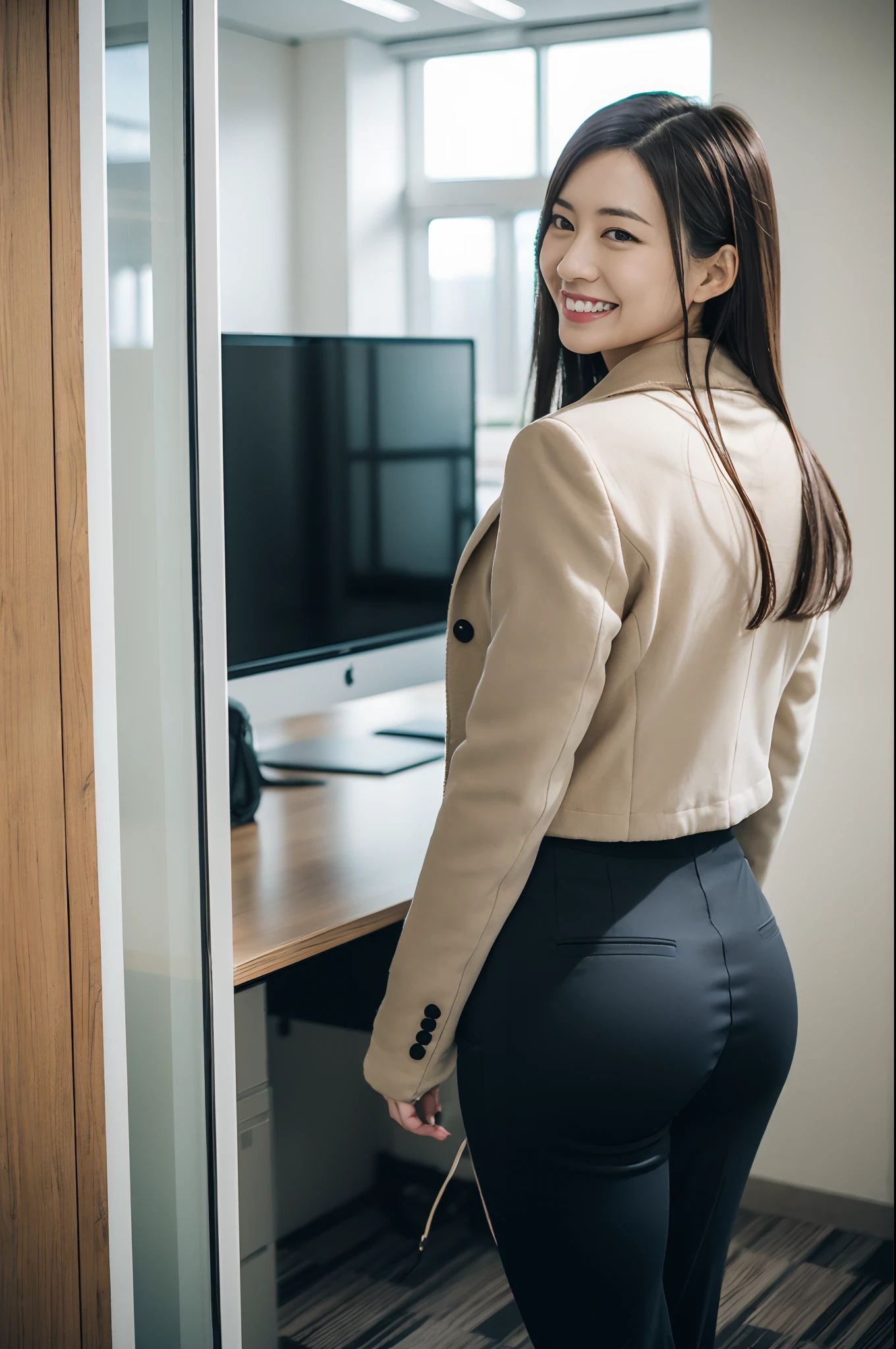 masutepiece, Best Quality, 超A high resolution,(photographrealistic:1.4) (depth of fields),(Lens Glow) , jaket:1.5、Inside the office:1.5、a Pretty Japanese woman:1.5、officeworker、Sexy buttocks:1.5 Put your hands on your hips、smil、