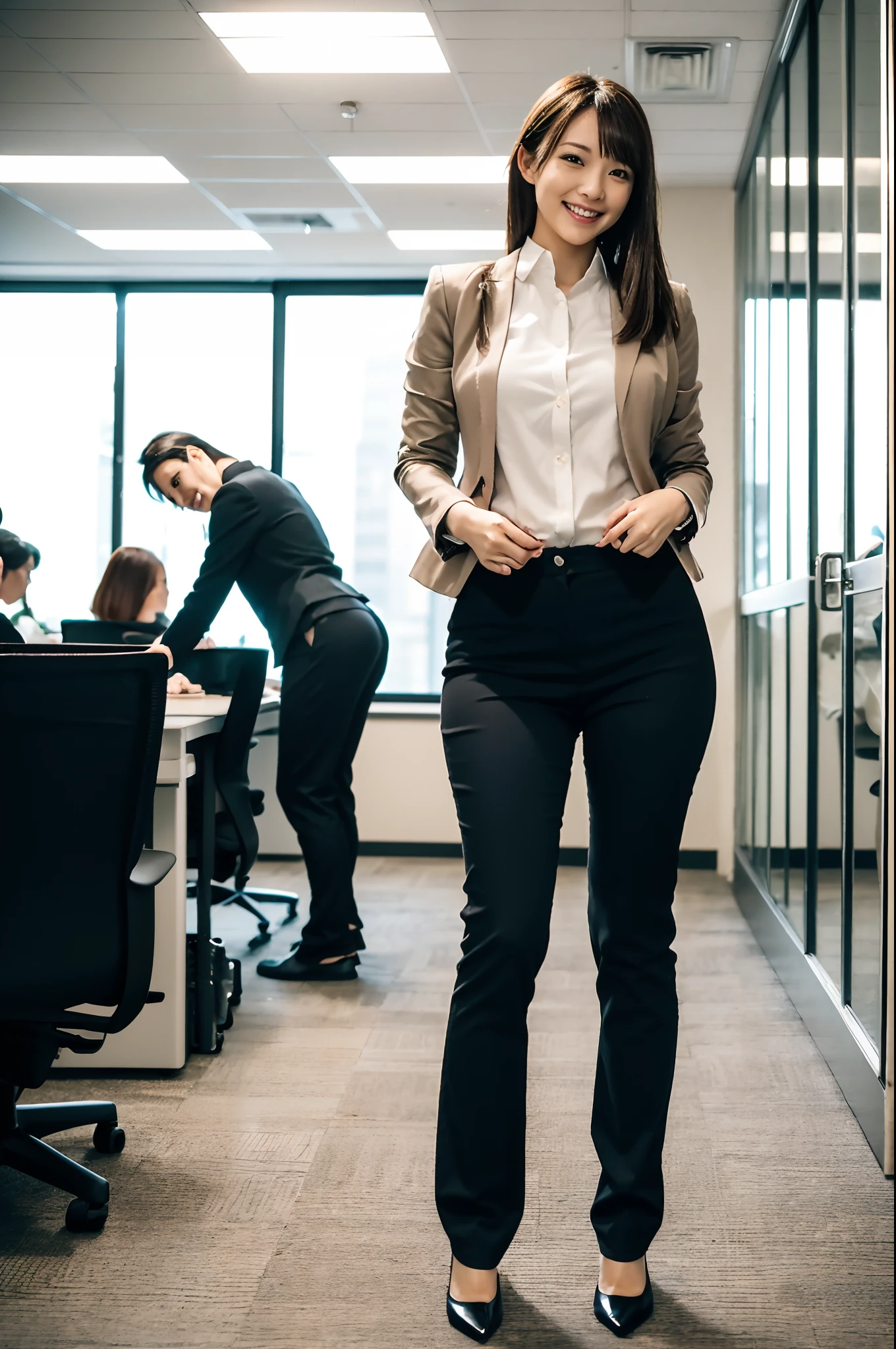 masutepiece, Best Quality, 超A high resolution,(photographrealistic:1.4) (depth of fields),(Lens Glow) , jaket:1.5、Inside the office:1.5、a Pretty Japanese woman:1.5、officeworker、Sexy buttocks:1.5、to stand:1.5、smil、Tight pants:1.5