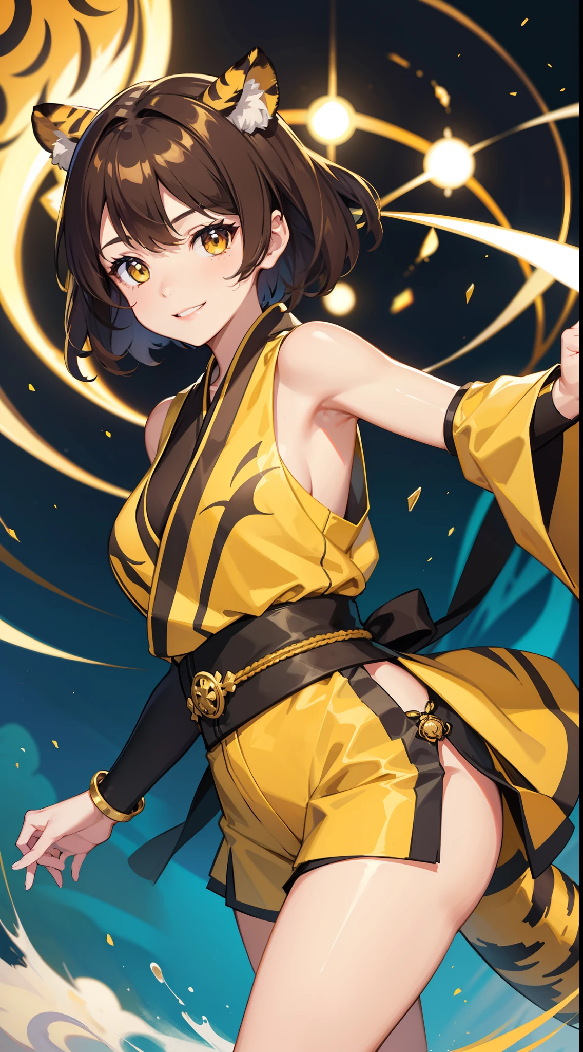 young girl, short brown hair, Two buns, Yellow eyes, Smile, tiger tail, Blue kimono, Gold Details, Sleeveless, Shorts, Masterpiece, hiquality, 4k, HD, Good detail