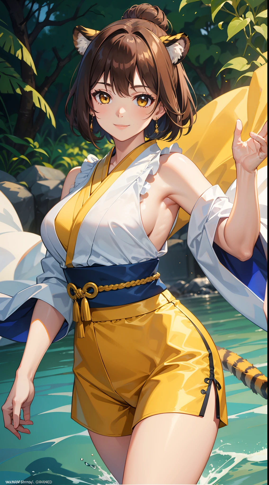 young girl, short brown hair, Two buns, Yellow eyes, Smile, tiger tail, Blue kimono, Gold Details, Sleeveless, Shorts, Masterpiece, hiquality, 4k, HD, Good detail