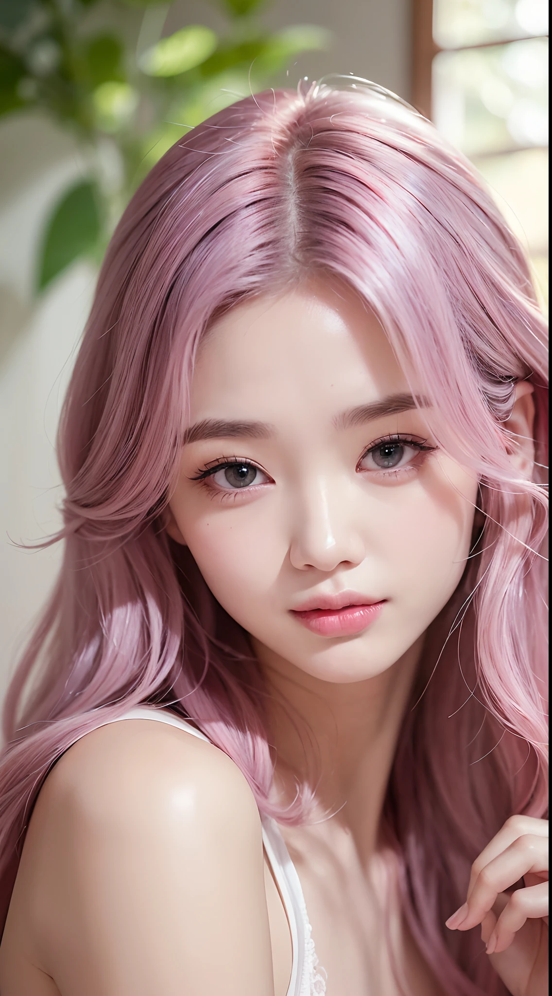 (A high resolution,Ultra-detailed,Photorealistic:1.2),Vivid colors,Portrait,muted pastels,Sparkling highlights,Curly silver-pink hair,Delicate hair,Large volume,(Strong black eyes,Reflective pupils,Long eyelashes,Red eyebrows),full pouty lips，Has an irresistible luster,smiling expression,(Place 1 to 4 fingers on the corners of your mouth)