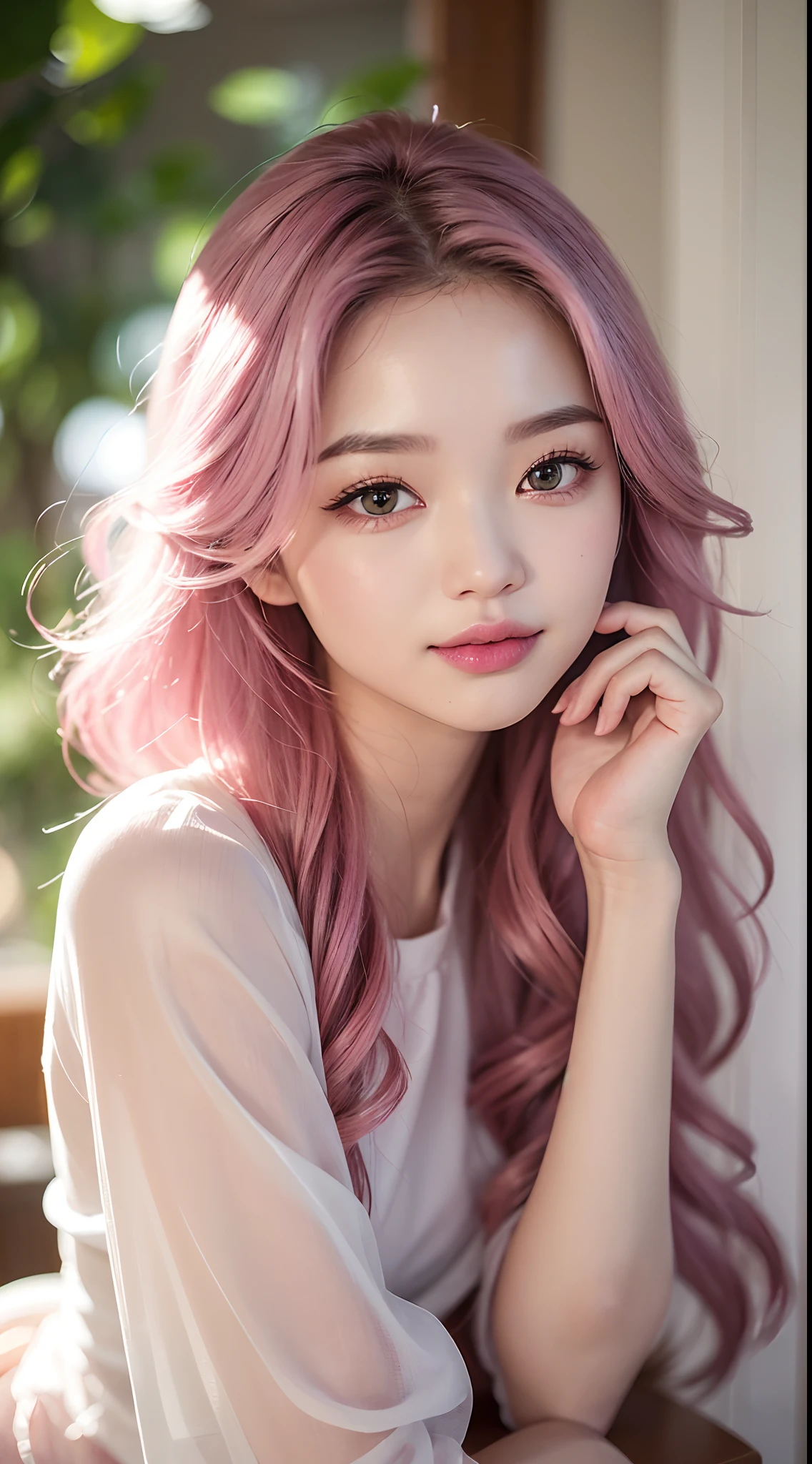 (A high resolution,Ultra-detailed,Photorealistic:1.2),Vivid colors,Portrait,muted pastels,Sparkling highlights,Curly silver-pink hair,Delicate hair,Large volume,(Strong black eyes,Reflective pupils,Long eyelashes,Red eyebrows),full pouty lips,Has an irresistible luster,smiling expression,(Place 1 to 4 fingers on the corners of your mouth)
