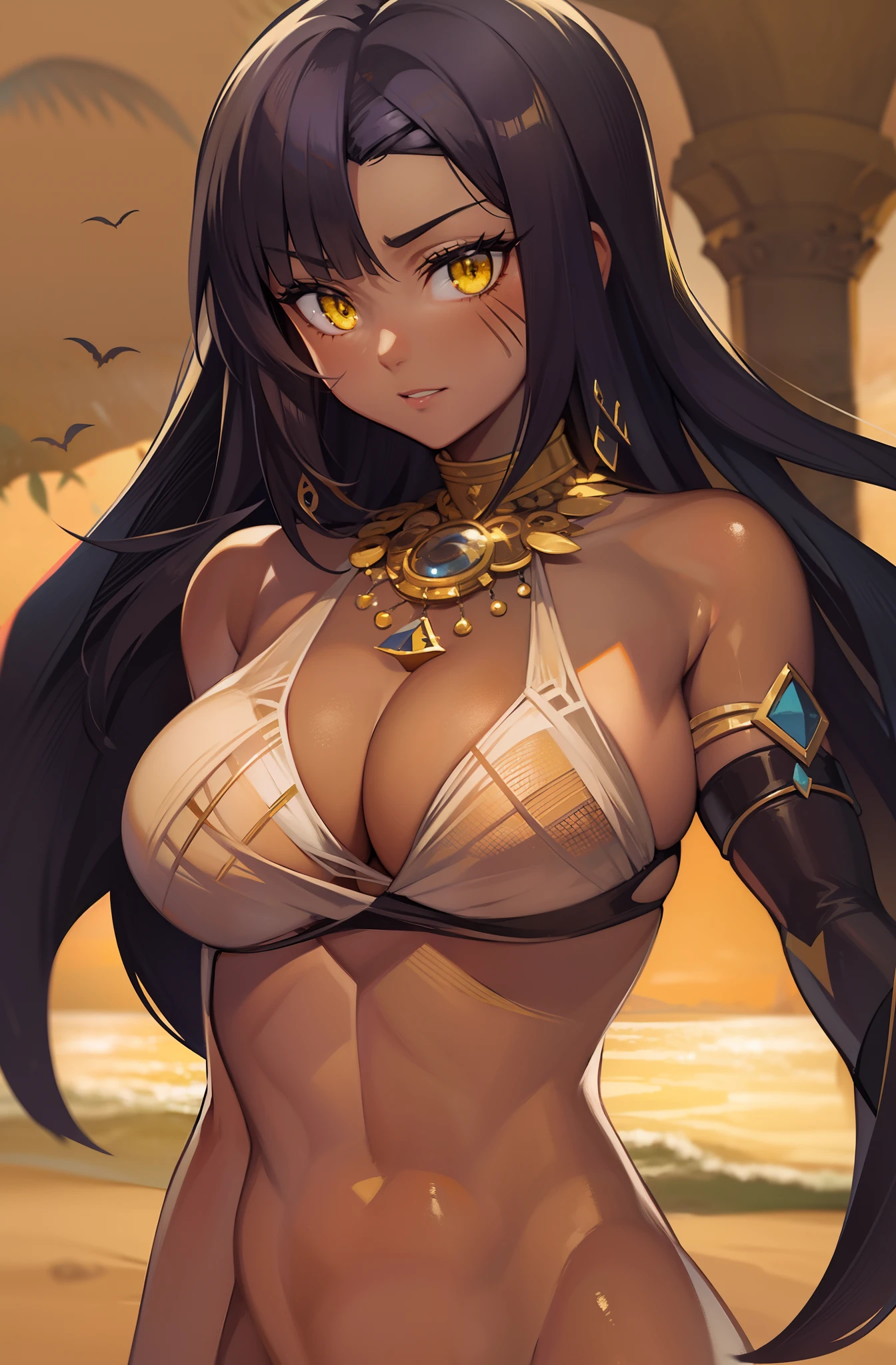 2011's anime art style, legend of queen opala, 1girl, osira (character), black hair, Egyptian skin, yellow eyes, only three brown scars on left cheek of face, only three brown scars, blunt bangs, big breasts, black form fitting dress bikini, evil expression, in the beach near the desert, turned around, showing butt