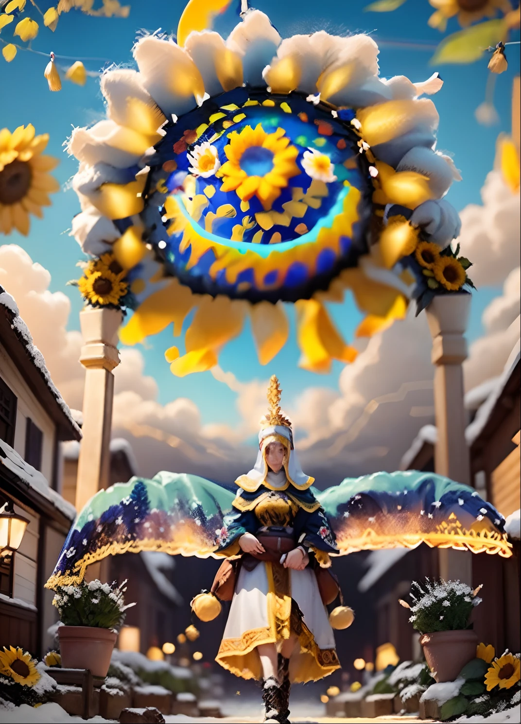 In a very grand scene，The extra-large wide-angle lens captures the appearance of a female centaur。She is a Sunflower Worship nun，Always opposed（Healing emoji smiley face of knitted sunflower puppet😊：99.99）DOA。She is tall，It has the ultimate curvy beauty，The muscles are slender and firm，Beautiful lines。She has（Super huge sky blue eyes：99.99）、always（Wearing sexy glasses：6.66）、（She wears solemn nun attire：9.9）、Stepping on a boot-style skyscraper-heel、A pink cross hangs on his chest。Use Midjourney's advanced tools，Designed for female centaurs（A knitted sunflower puppet and create a super healing cartoon smiley face in the center of the flower tray as a decoration：9.9），and noble and solemn nun costumes，and highlight her unique physiological characteristics and appearance details，Add realism。And in the context of her prayers and listening to confessions，Spectacular views of nature，Such as the sky where storms and sunny days alternate、Brilliant rivers of stars and auroras、The snow-capped summit of Mount Everest、Fireworks in the mountain town, etc。ao mesmo tempo，Away from the hustle and bustle next to the chapel，Create a fantastic scene。Use Midjourney's advanced tools and multiple color palettes、Brush Strokes、Texture tools and model packages，It shows a sense of atmosphere where beauty and charm coexist。The charm of the female centaur is highlighted through color and lines，Enhance realism with detailing，Create a surreal dreamy feeling。Additionally，Use Midjourney's tools to add various exorcism props and books to the female centaur、pergaminhos，Create intricate hairstyles and outfits，Give her a sense of premium。She never flinches，No matter what monster you encounter，can respond quickly，Even the most extreme armies of natural disasters and monsters could not stop her and her front（Sunflower with Tyndall effect that emits sunlight9.99）。Use Midjourney's powerful tools，You can do it with incredible detail and beauty，Bring this ultra-grand and beautiful scene to life。Ultra-grand sc