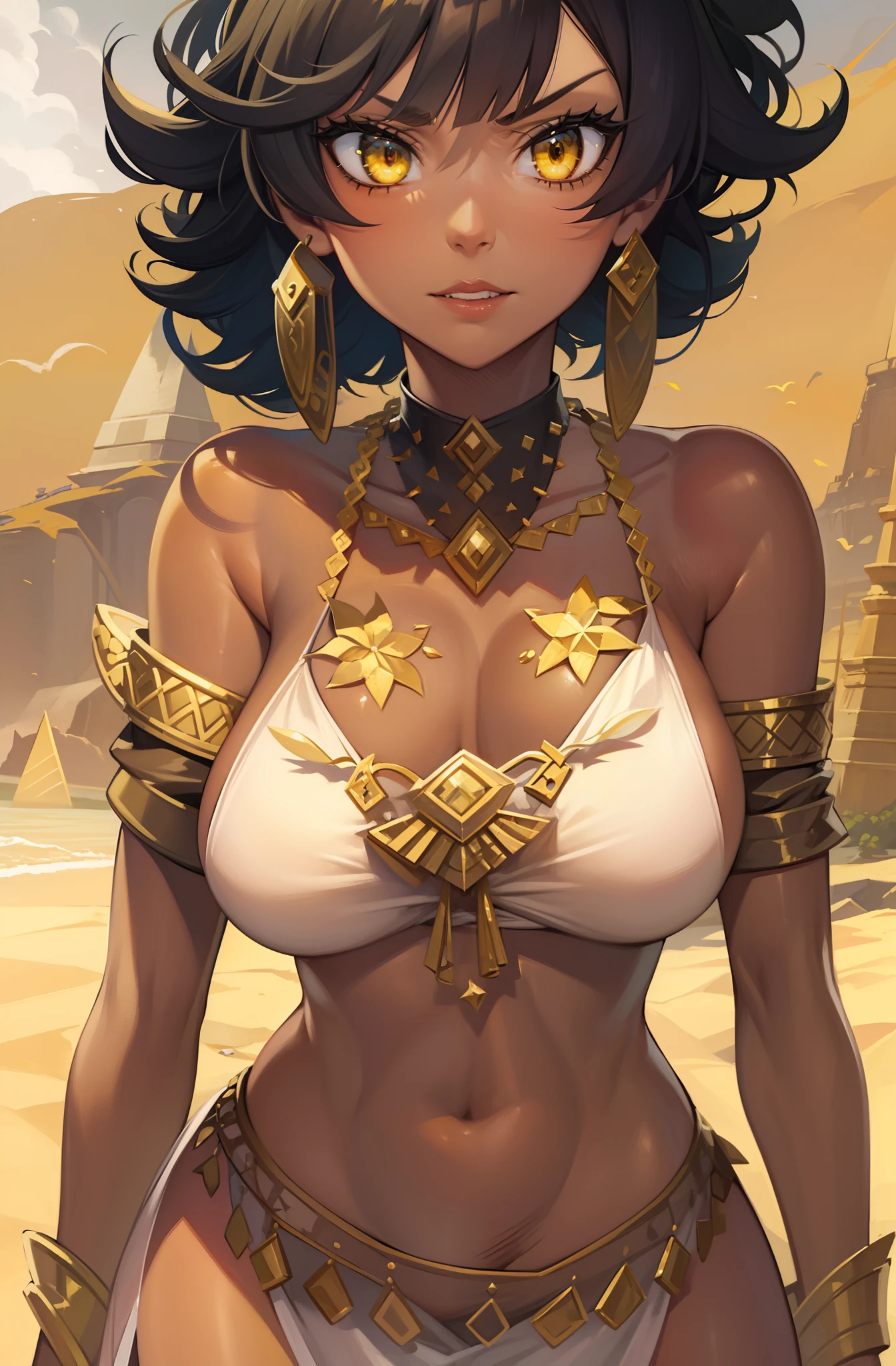 2011's anime art style, legend of queen opala, 1girl, osira (character), black hair, Egyptian skin, yellow eyes, only three brown scars on left cheek of face, only three brown scars, blunt bangs, big breasts, black form fitting dress bikini, evil expression, in the beach near the desert, turned around, showing butt