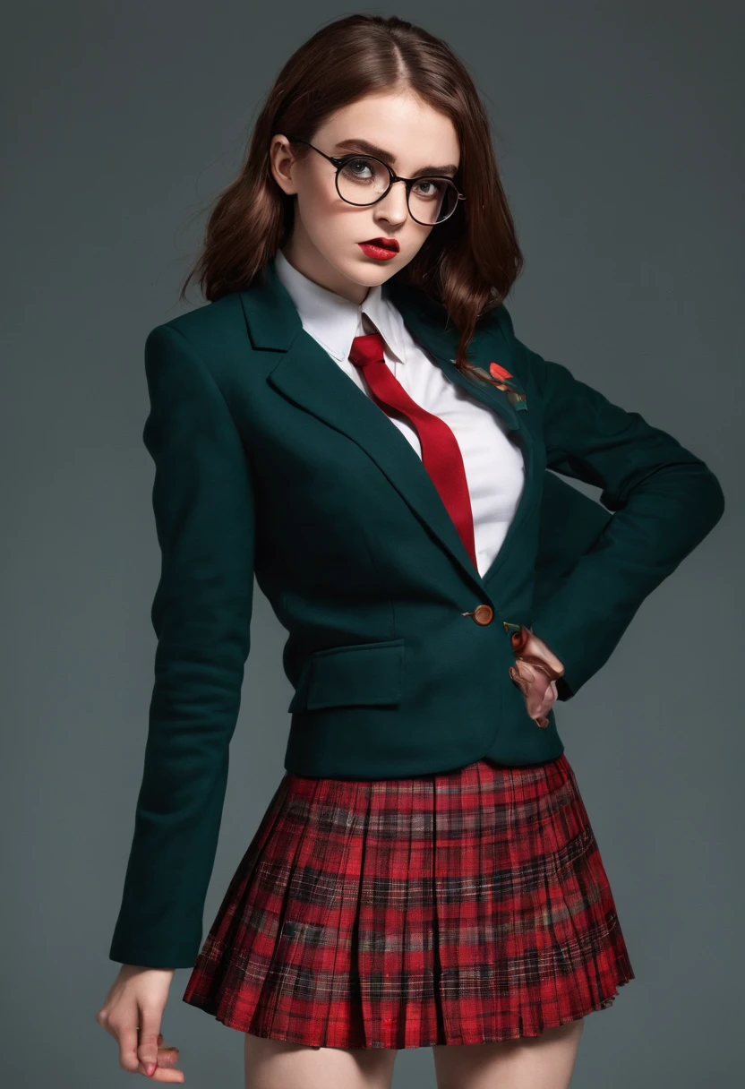 25 yo catholic schoolgirl in school blazer and pleated tartan skirt wearing glasses, nervous, anxious, mary katherine gallagher on stage, erotic pose