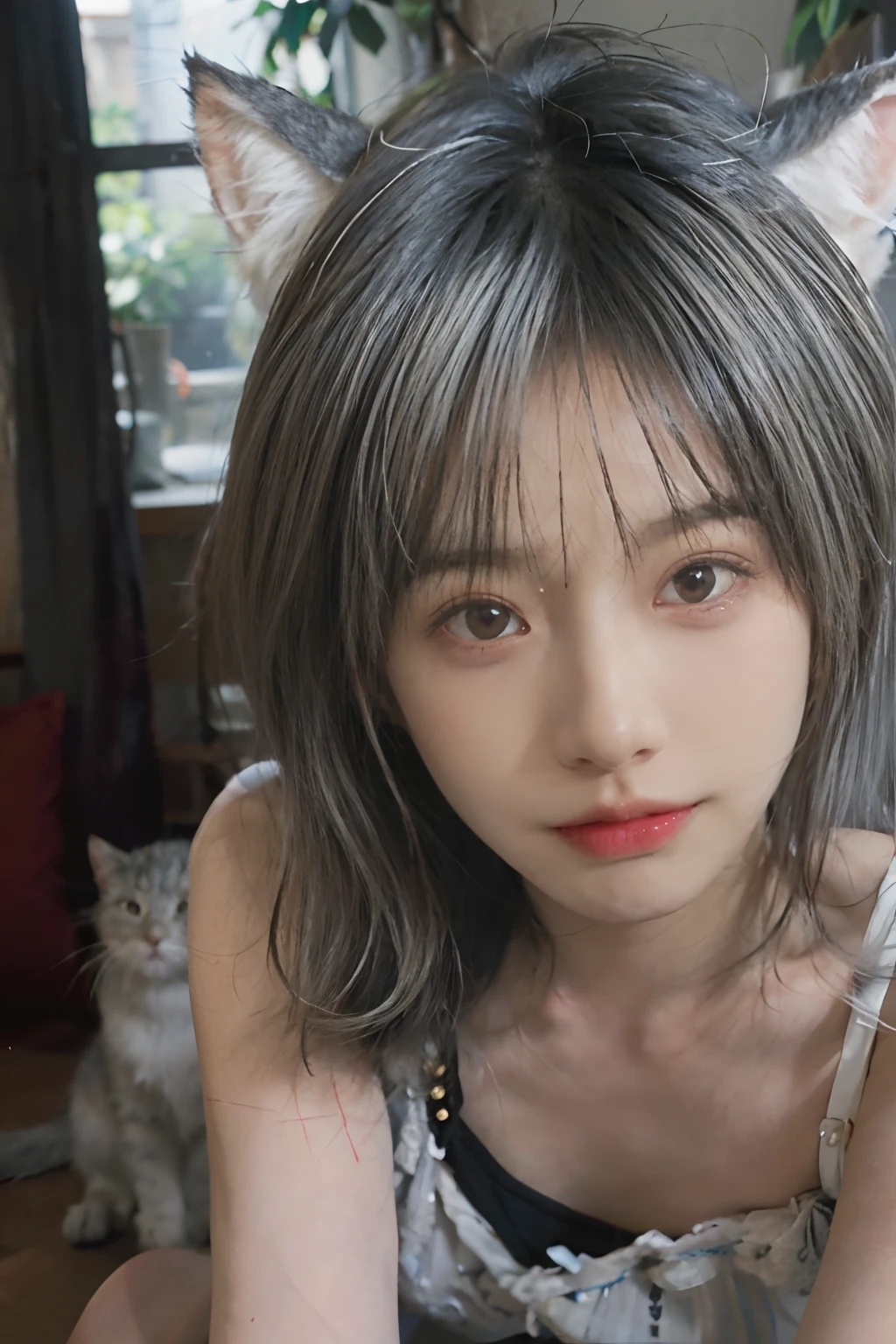8K,NSFW、(whitish hair) 、White hair、Best Quality, Being on all fours、masutepiece, Ultra High Resolution, (Realism: 1.4), Original photo, Colors inspired by red、(True skin texture: 1.3), (Film grain: 1.3), Beautiful eyes and face details, shorten the head、masutepiece, Best Quality, close up, Full body, Look at the viewer,Blue Ribbon、Bob cut with gray hair、18year old、White cat ears