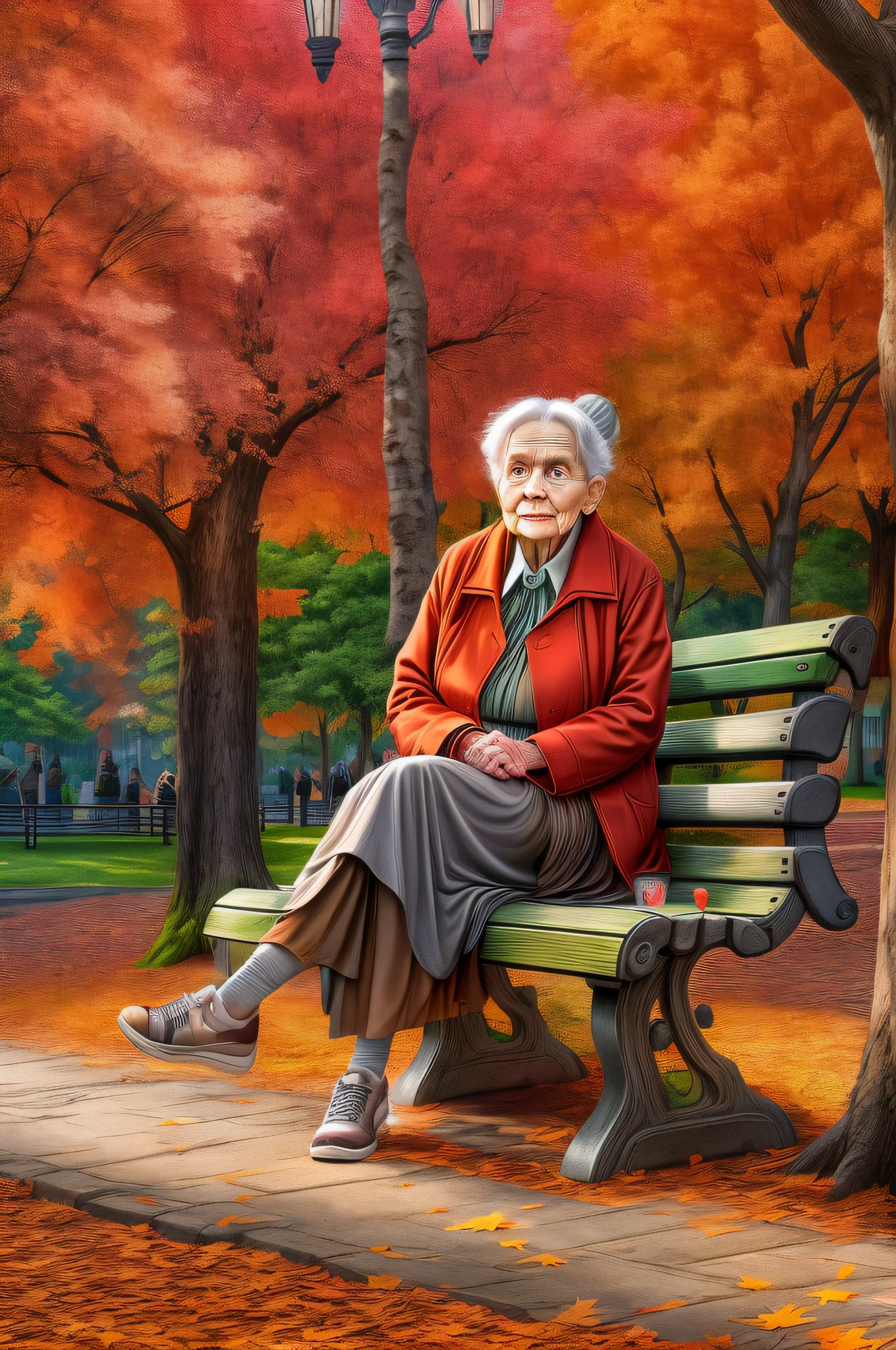 a picture of an old woman sitting on a bench in the park under the tree in a park at autumn, an old woman, looking distinguished, grey hair, in  bun, blue, eyes, eyes that had good life, historical life, wearing a green skirt, and white blouse, dynamic shoes, sitting on a bench, with her cane near by resting on the bench, under a maple tree at autumn, leaves in red, orange and brow, full spectrum, vibrant colors, sun setting down, evening time, urban park background, best quality, 16k, [ultra detailed], masterpiece, best quality, (ultra detailed), full body, ultra wide shot, photorealistic