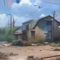 Very cozy little place, surrealism, (Makoto Shinkai anime: 0.4), dilapidated old houses on city streets, home wiring, outdoors, sky, clouds, daytime, landscapes, trees, blue sky, buildings, signs, wires, railings, Wide shot, telephone poles, town, wilderness, flowers, a mess of utensils