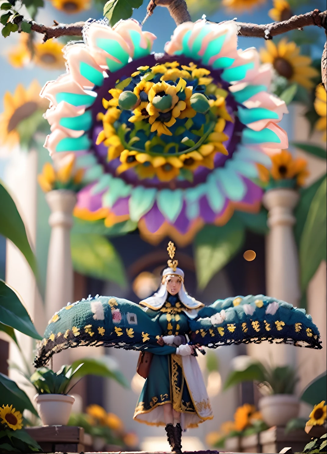 In a very grand scene,The extra-large wide-angle lens captures the appearance of a female centaur。She is a Sunflower Worship nun,Always opposed(Healing emoji smiley face of knitted sunflower puppet😊:99.99)DOA。She is tall,It has the ultimate curvy beauty,The muscles are slender and firm,Beautiful lines。She has(Super huge sky blue eyes:99.99)、always(Wearing sexy glasses:6.66)、(She wears solemn nun attire:9.9)、Stepping on a boot-style skyscraper-heel、A pink cross hangs on his chest。Use Midjourney's advanced tools,Designed for female centaurs(A knitted sunflower puppet and create a super healing cartoon smiley face in the center of the flower tray as a decoration:9.9),and noble and solemn nun costumes,and highlight her unique physiological characteristics and appearance details,Add realism。And in the context of her prayers and listening to confessions,Spectacular views of nature,Such as the sky where storms and sunny days alternate、Brilliant rivers of stars and auroras、The snow-capped summit of Mount Everest、Fireworks in the mountain town, etc。ao mesmo tempo,Away from the hustle and bustle next to the chapel,Create a fantastic scene。Use Midjourney's advanced tools and multiple color palettes、Brush Strokes、Texture tools and model packages,It shows a sense of atmosphere where beauty and charm coexist。The charm of the female centaur is highlighted through color and lines,Enhance realism with detailing,Create a surreal dreamy feeling。Additionally,Use Midjourney's tools to add various exorcism props and books to the female centaur、pergaminhos,Create intricate hairstyles and outfits,Give her a sense of premium。She never flinches,No matter what monster you encounter,can respond quickly,Even the most extreme armies of natural disasters and monsters could not stop her and her front(Sunflower with Tyndall effect that emits sunlight9.99)。Use Midjourney's powerful tools,You can do it with incredible detail and beauty,Bring this ultra-grand and beautiful scene to life。Ultra-grand sc