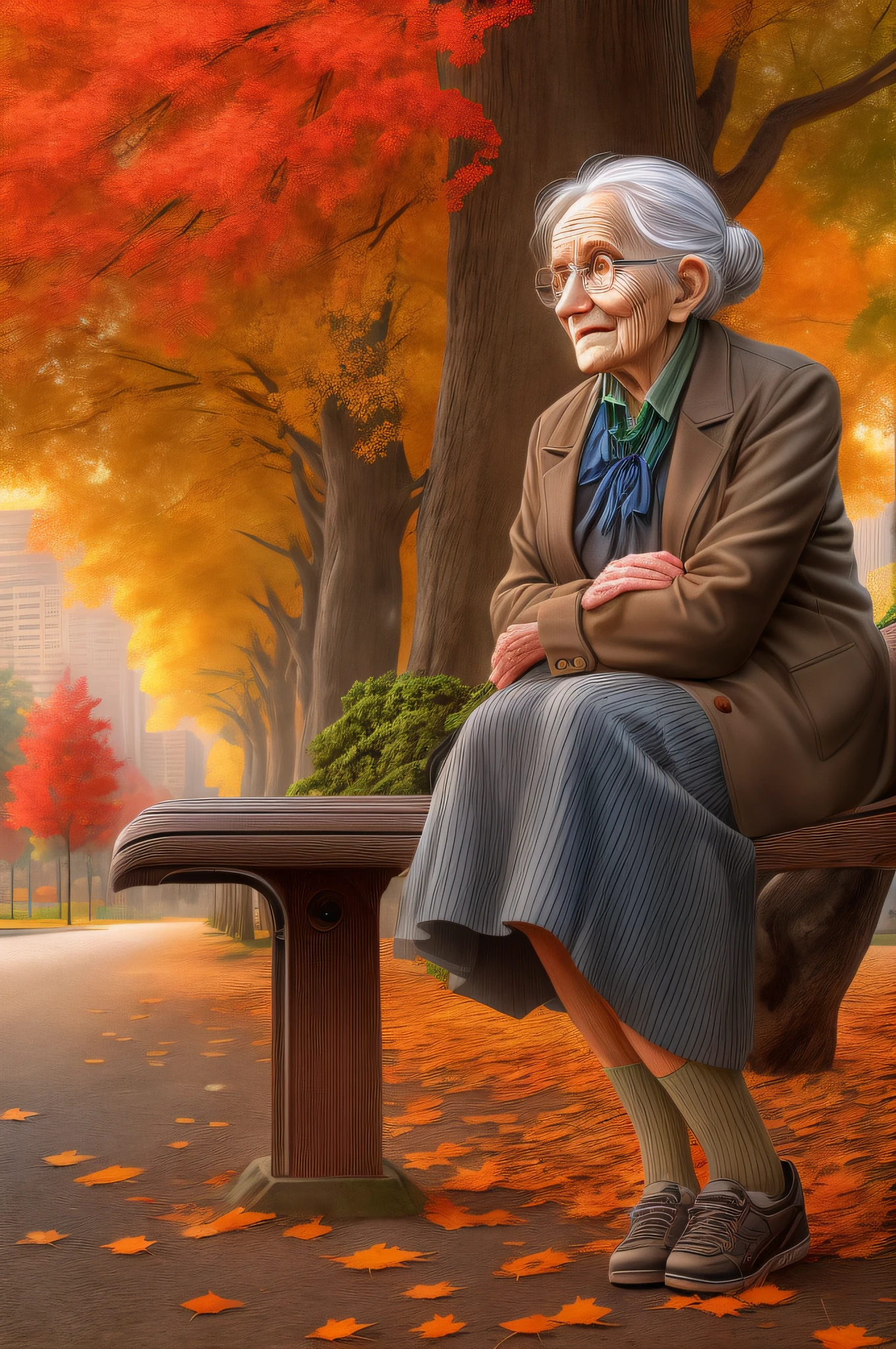 a picture of an old woman sitting on a bench in the park under the tree in a park at autumn, an old woman, looking distinguished, grey hair, in  bun, blue, eyes, eyes that had good life, historical life, wearing a green skirt, and white blouse, dynamic shoes, sitting on a bench, with her cane near by resting on the bench, under a maple tree at autumn, leaves in red, orange and brow, full spectrum, vibrant colors, sun setting down, evening time, urban park background, best quality, 16k, [ultra detailed], masterpiece, best quality, (ultra detailed), full body, ultra wide shot, photorealistic