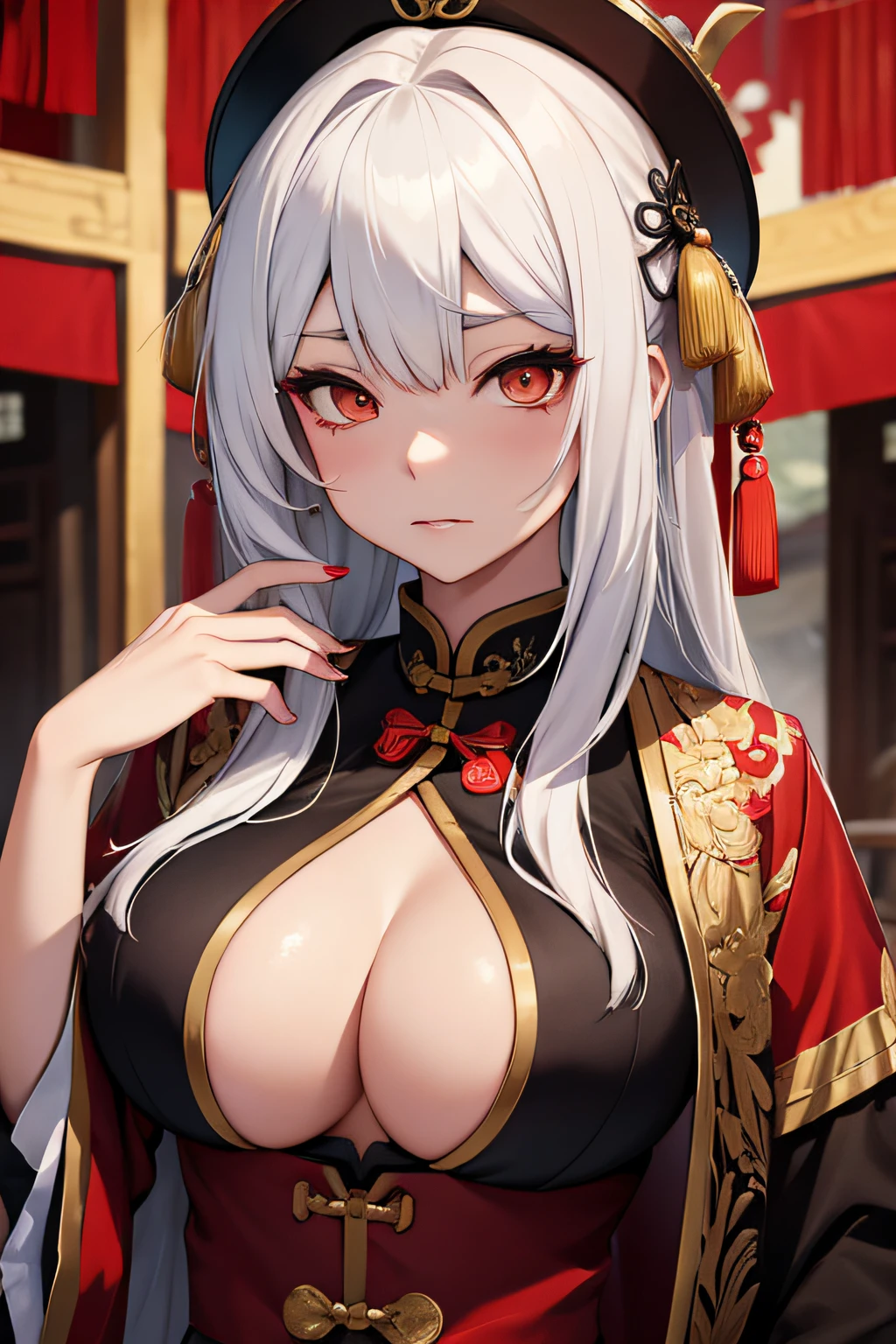 Chinese big breasts,kiyo,Female zombie,long whitr hair,bucktooth,Qing Dynasty official uniform,The expression is grim