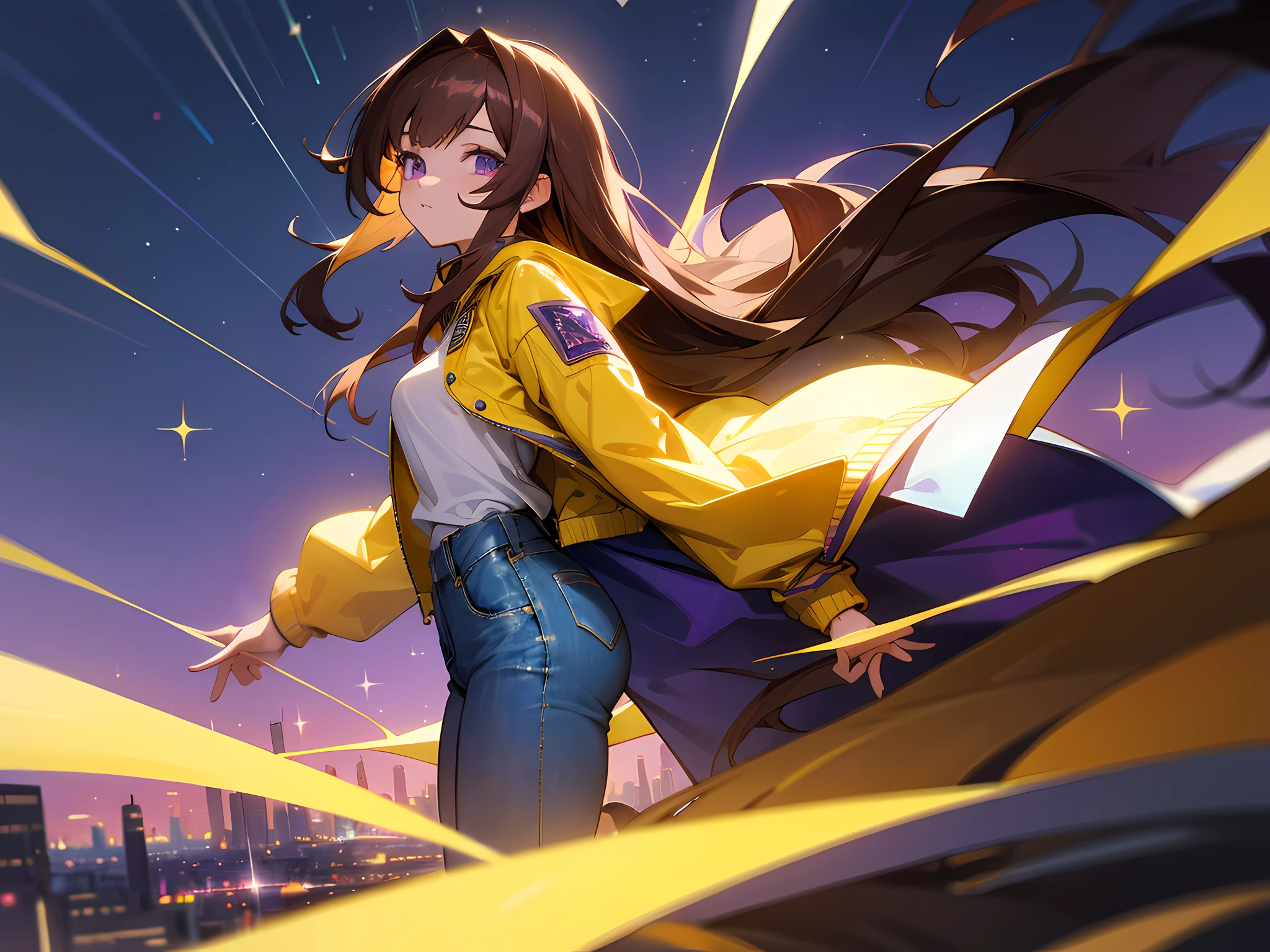 A beautiful long haired girl with brown hair, purple eyes that sparkle like stars, fair skin, wearing a white shirt, yellow jacket, denim blue jeans and black boots, 1girl, city, absurdres, high res, ultrasharp, 8k, masterpiece, looking at viewer