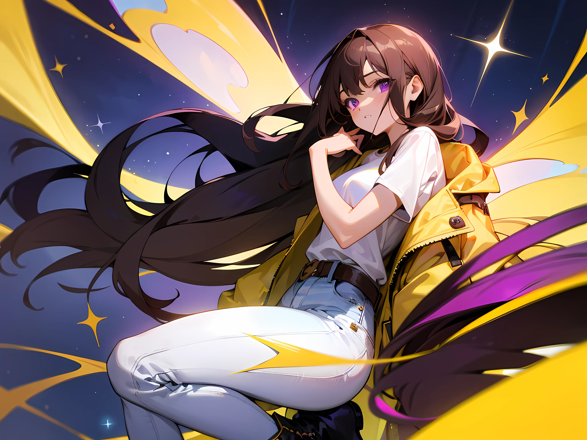 A beautiful long haired girl with brown hair, purple eyes that sparkle like stars, fair skin, wearing a white shirt, yellow jacket, denim blue jeans and black boots, 1girl, city, absurdres, high res, ultrasharp, 8k, masterpiece, looking at viewer