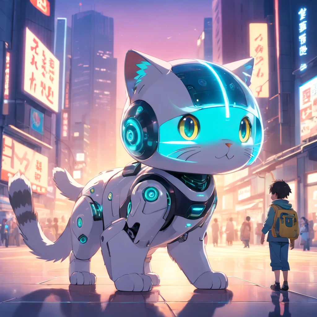 robotic cat, (Blind Box Toy Style:1.2), (FULL BODYSHOT) , 1 transparent boy,Behind him is a cute transparent robot cat, Mechanical Transparent, Exquisite helmet:1.2, Glasses:1.2, Cyberpunk, Dreamy glow, bright neon lights, ren, white backgrounid, ( globalillumination, Streak Trace, nffsw, Unreal Render,Reasonable design, high detal, Master Parts, Best Quality, Hyper Hi-Vision, Cinematic lighting)