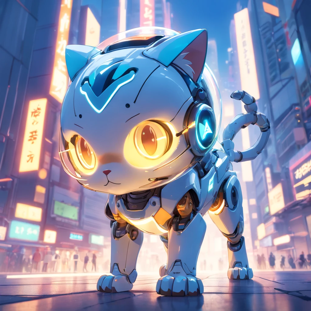 robotic cat, (Blind Box Toy Style:1.2), (FULL BODYSHOT) , 1 transparent boy,Behind him is a cute transparent robot cat, Mechanical Transparent, Exquisite helmet:1.2, Glasses:1.2, Cyberpunk, Dreamy glow, bright neon lights, ren, white backgrounid, ( globalillumination, Streak Trace, nffsw, Unreal Render,Reasonable design, high detal, Master Parts, Best Quality, Hyper Hi-Vision, Cinematic lighting)